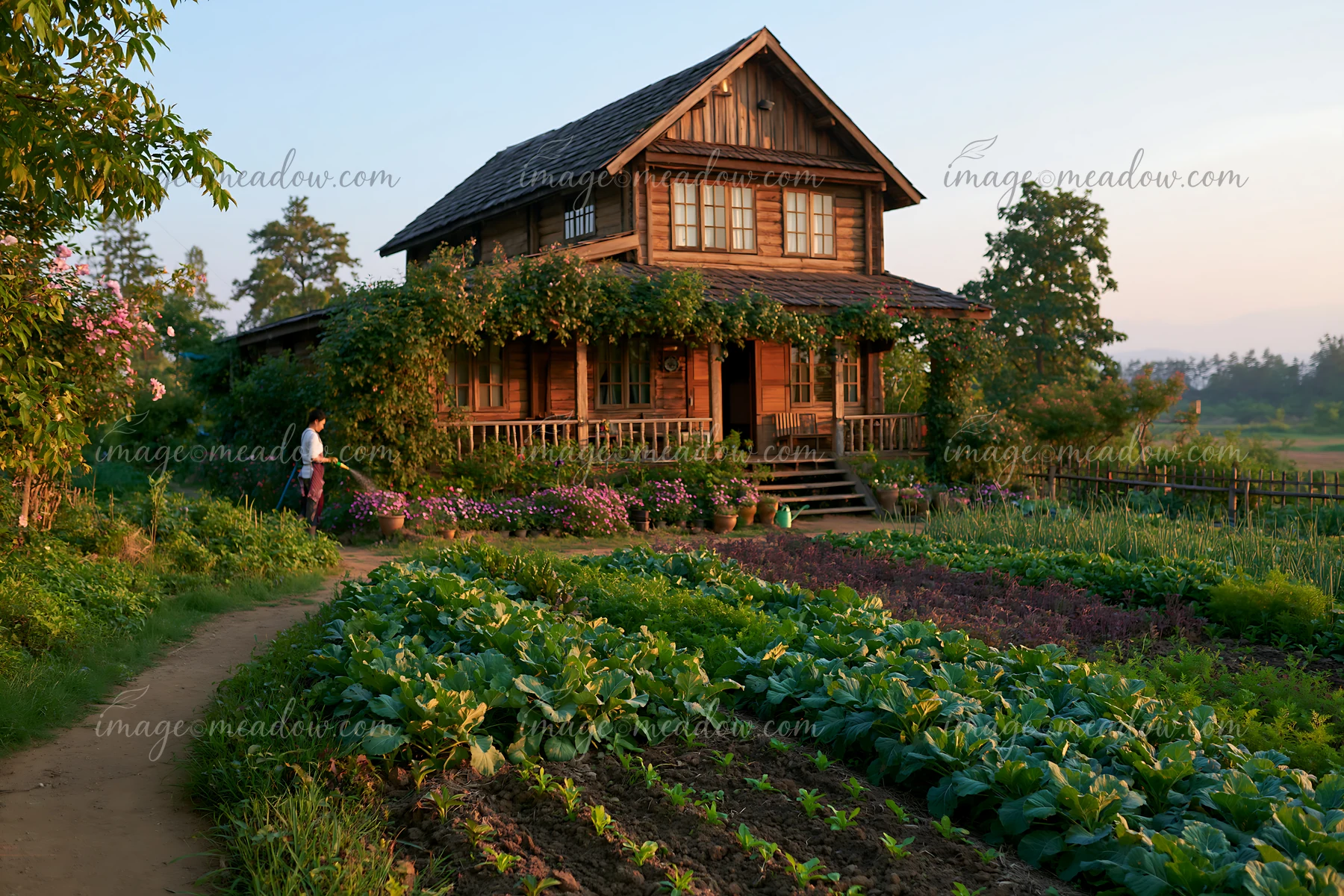 A wooden house surrounded by a garden filled with crops and flowers is set in a countryside location during spring.