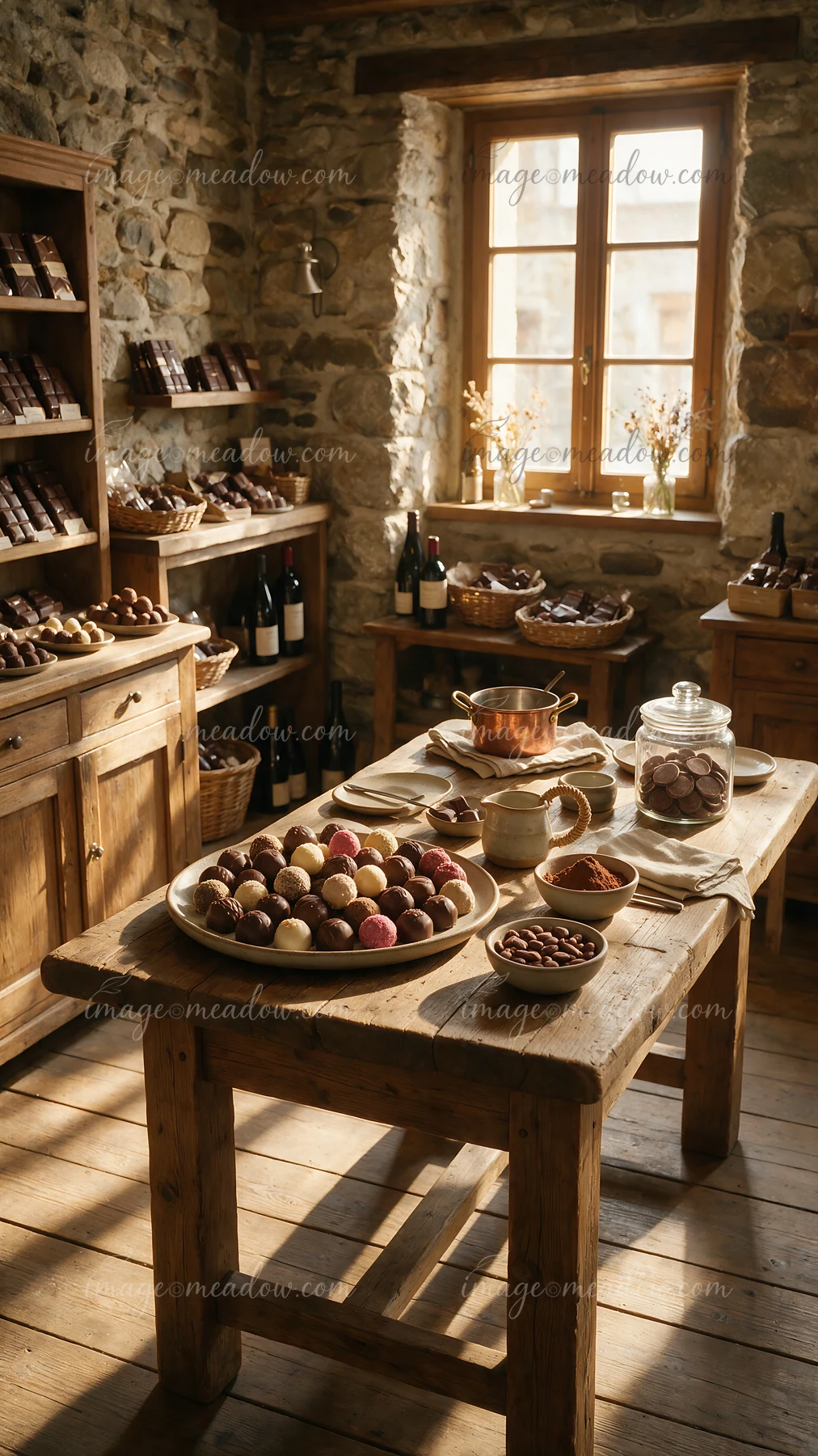 A wooden table displays various chocolate treats in a Swiss chocolate shop interior.