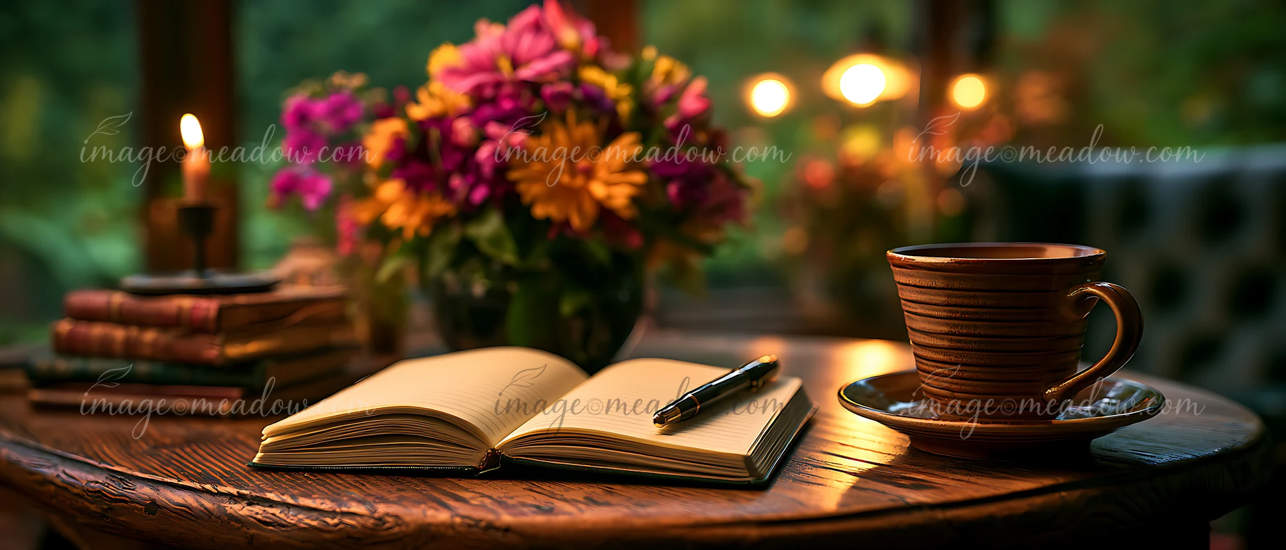 A wooden table holds a notebook, a pen, and a cup of coffee beside a colorful flower vase.