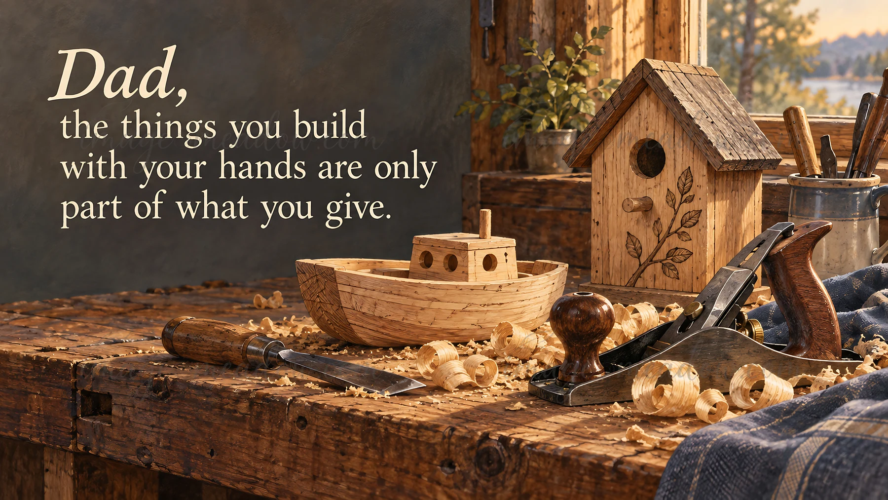 A warm, sunlit workshop greeting features the message “Dad, the things you build with your hands are only part of what you give.” beside a wooden toy boat, bird