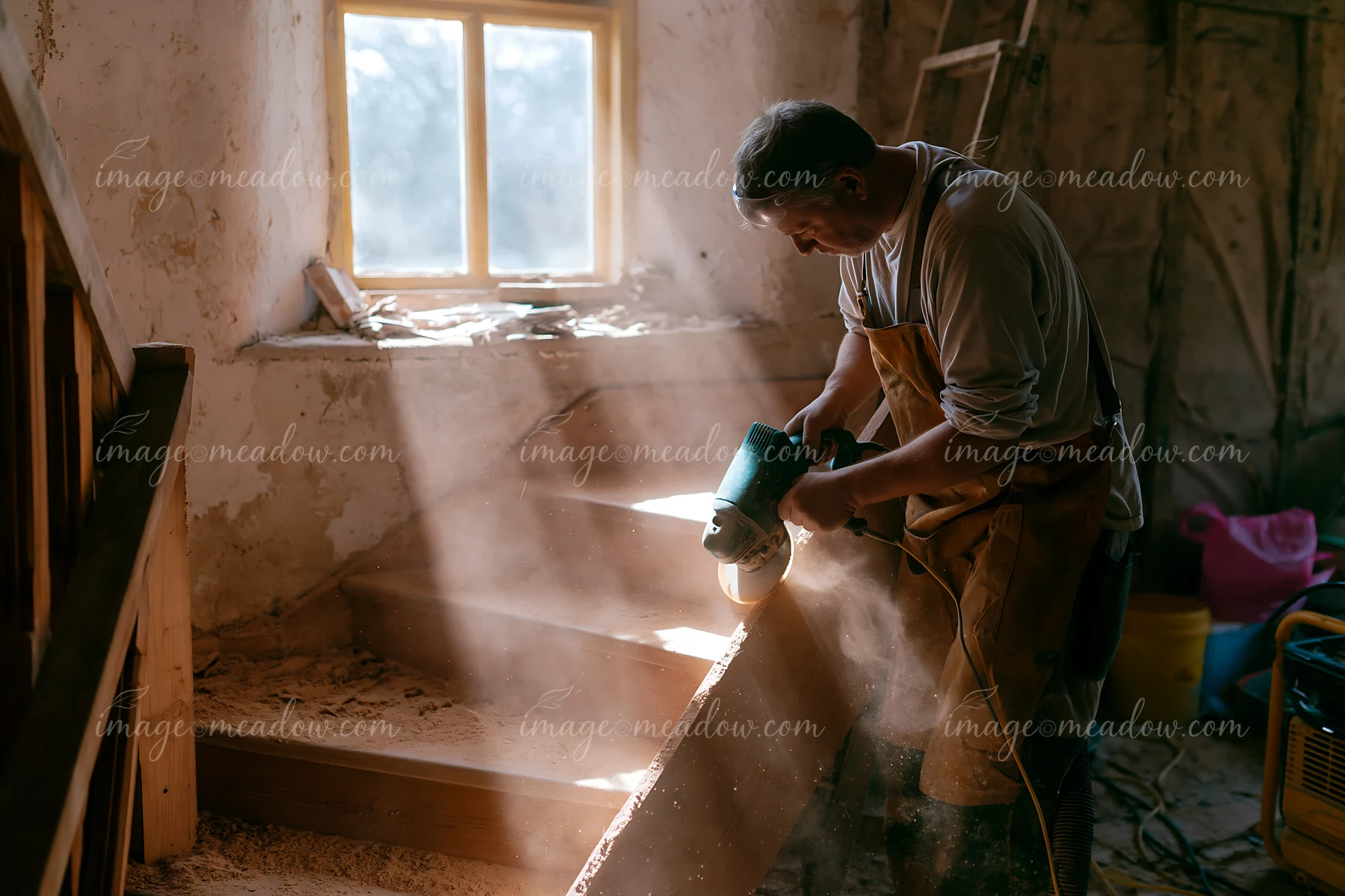 A worker cuts wood for stairs in a country house renovation scene.