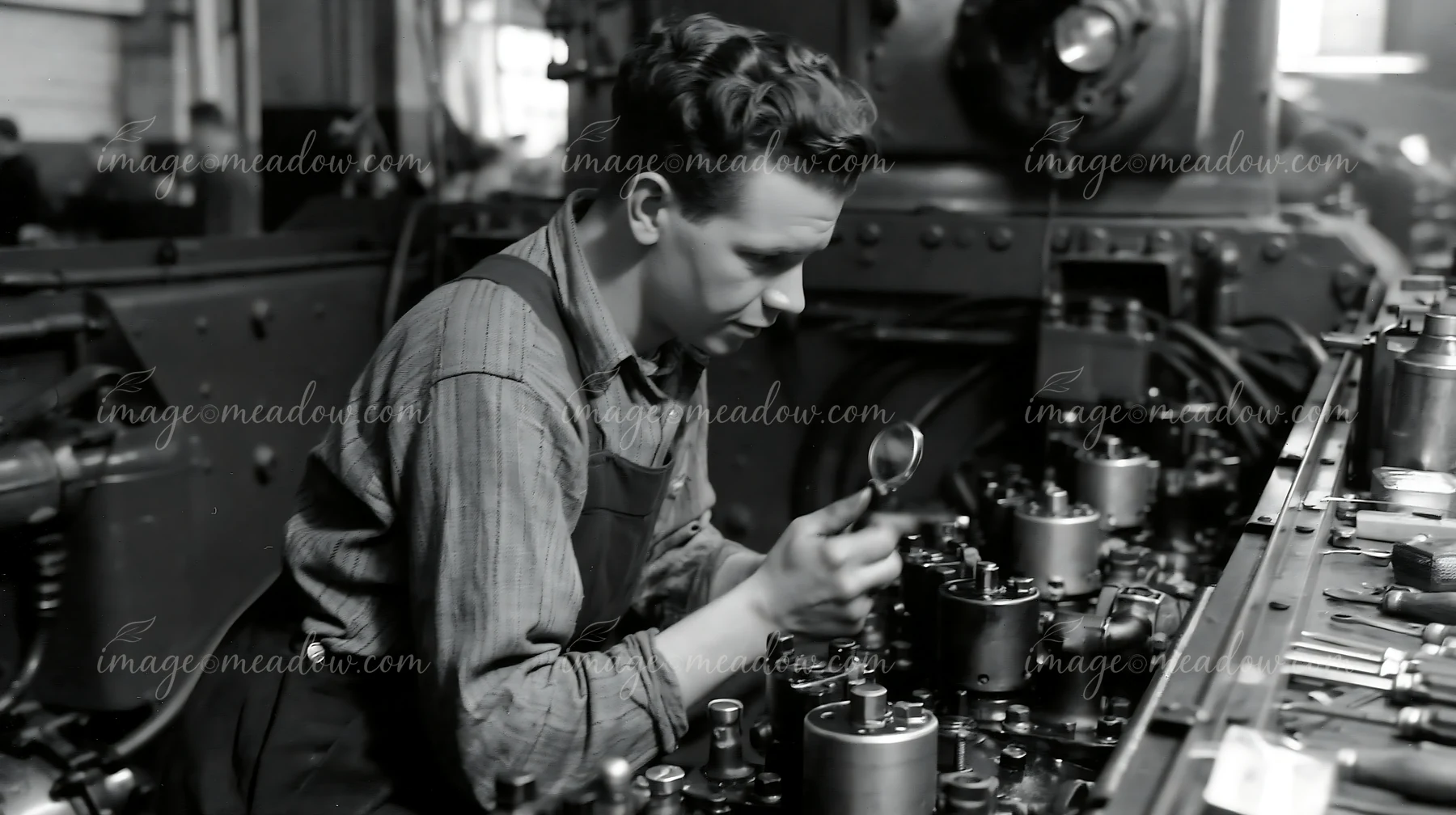 A worker examines mechanical parts on a panzer tank using a magnifying glass in a workshop.