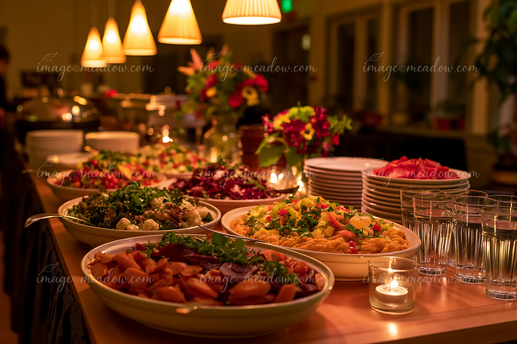 A zero waste buffet table displays various fresh dishes arranged neatly in bowls.
