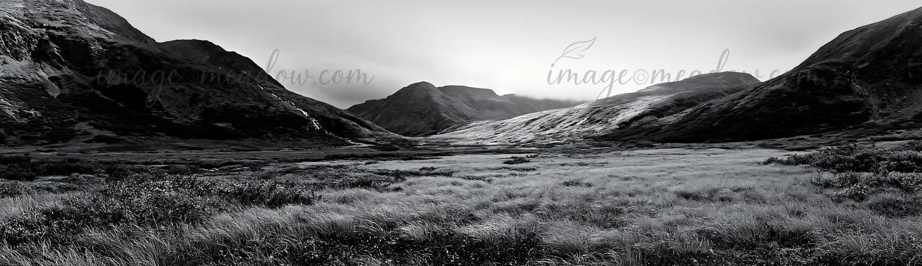 A view of an alpine meadow featuring a waterfall in the distance. The scene shows mountains and valleys, with grass covering the ground. Fog hovers above the la