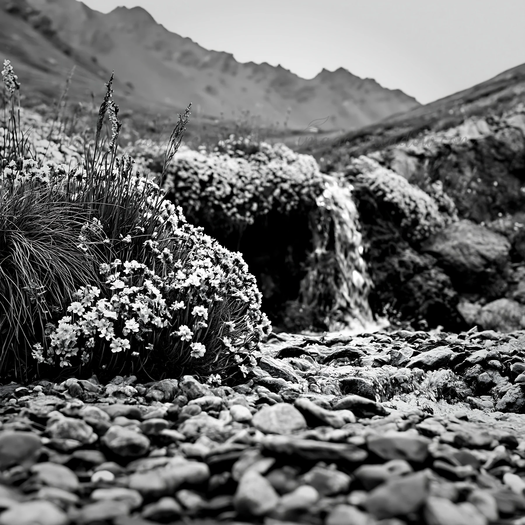 A waterfall flows through a rocky area in the alpine region. Wildflowers bloom nearby, adding natural beauty to the landscape. Mountains rise in the background