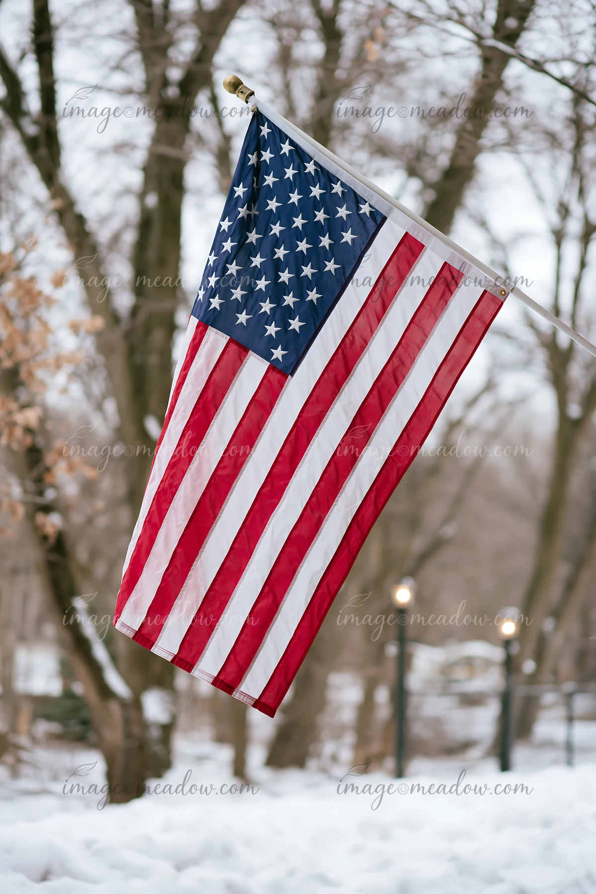 American flag waving in gentle breeze stands out against a winter backdrop.