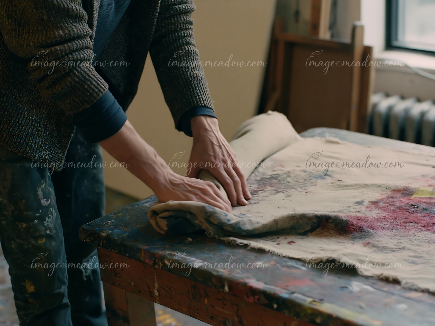 An artist is rolling a splattered artist canvas textile on a wooden table in an art studio.
