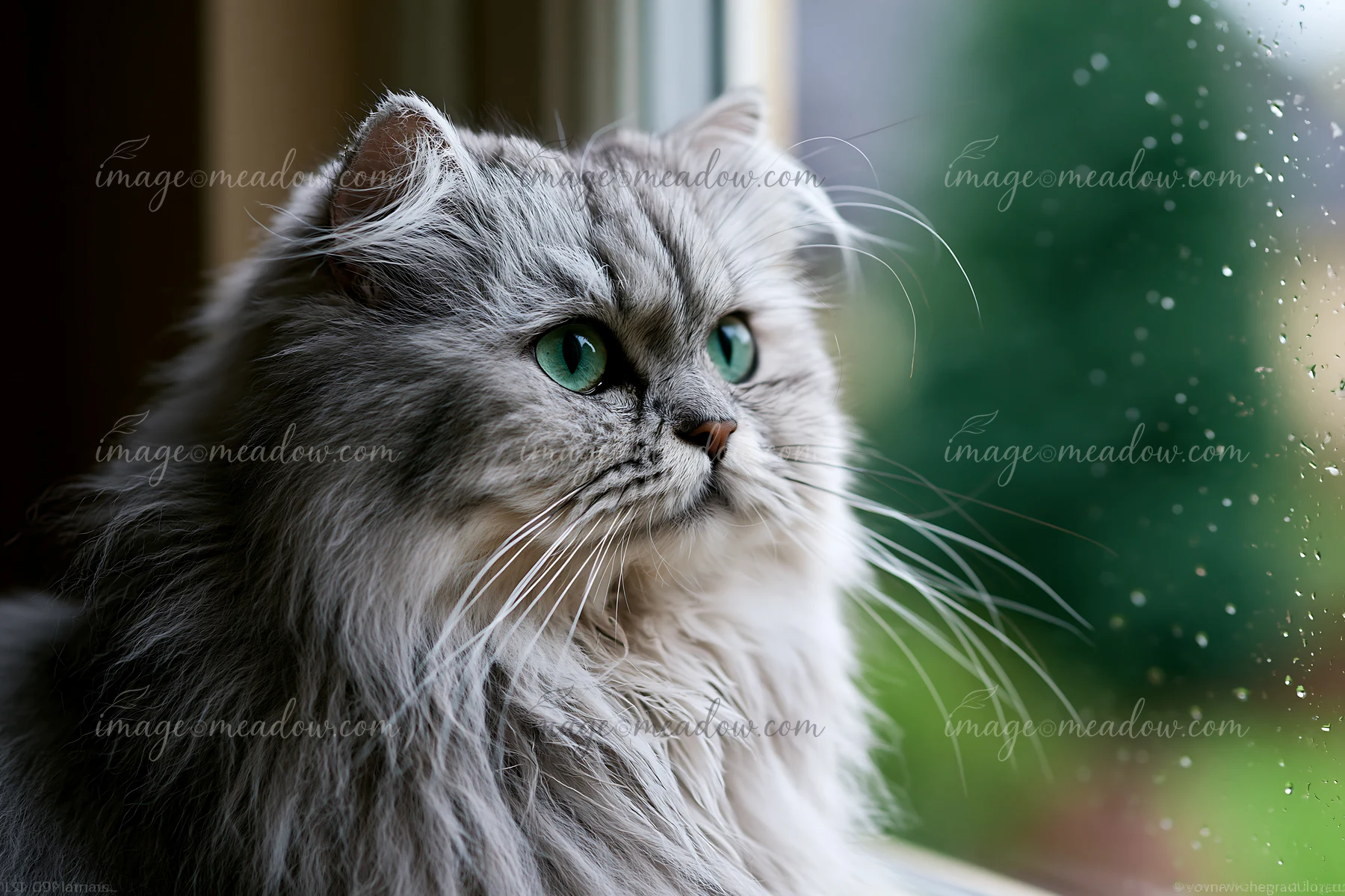 An Asian Semi-longhair cat sits by the window, gazing outdoors as raindrops slide down the glass.