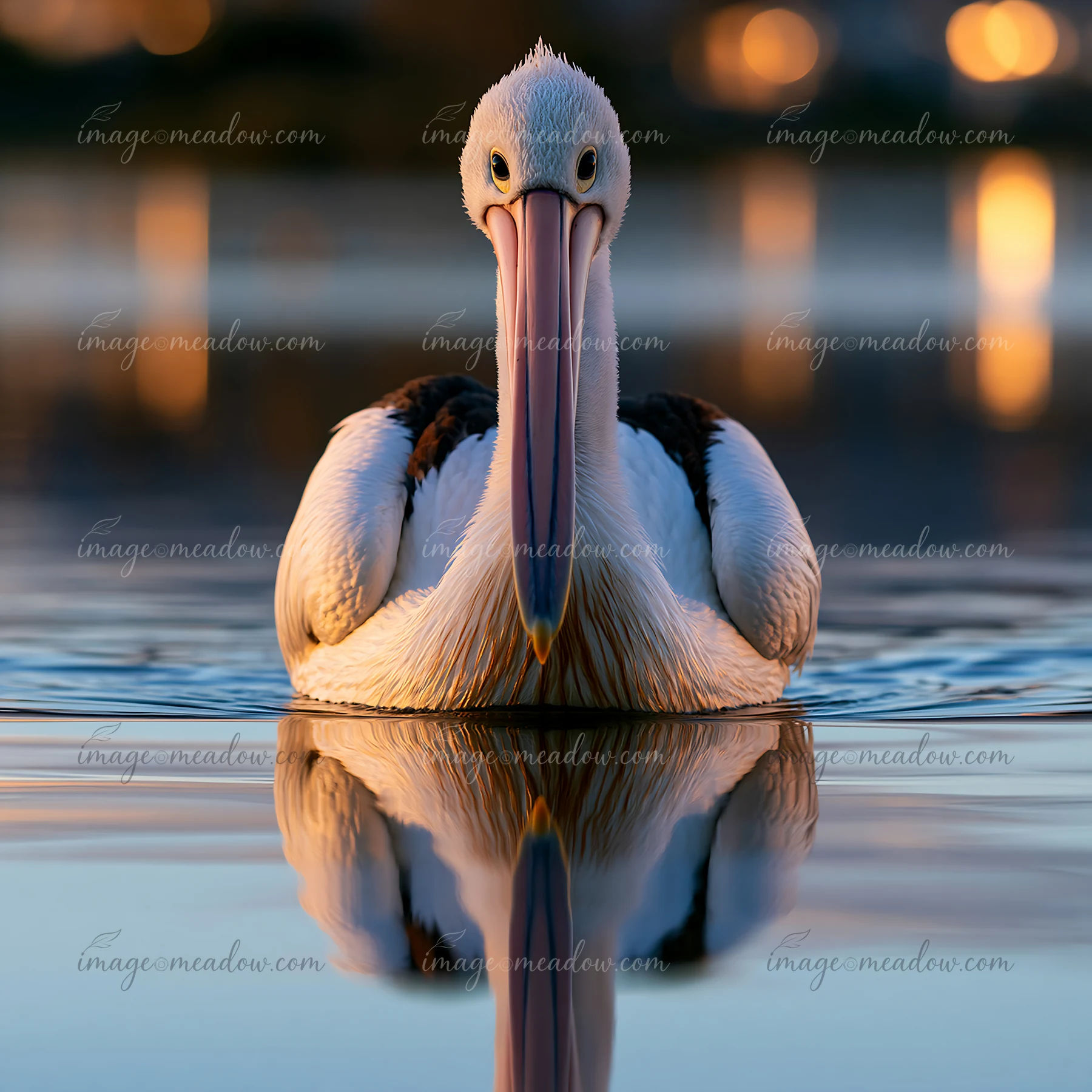 An Australian pelican floats on the surface of a coastal lagoon during sunset, with reflections of light shimmering in the water.