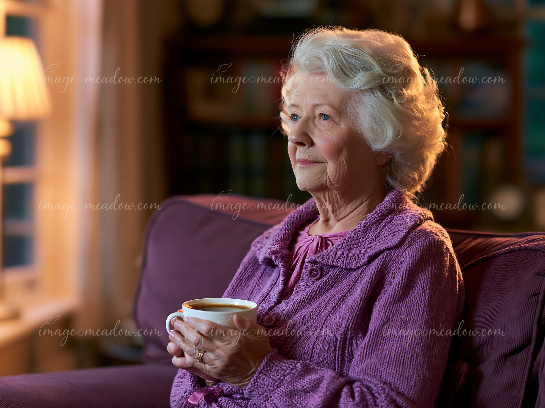 An elderly woman with Alzheimer's holding a cup of coffee sits on a sofa in a warm living room.
