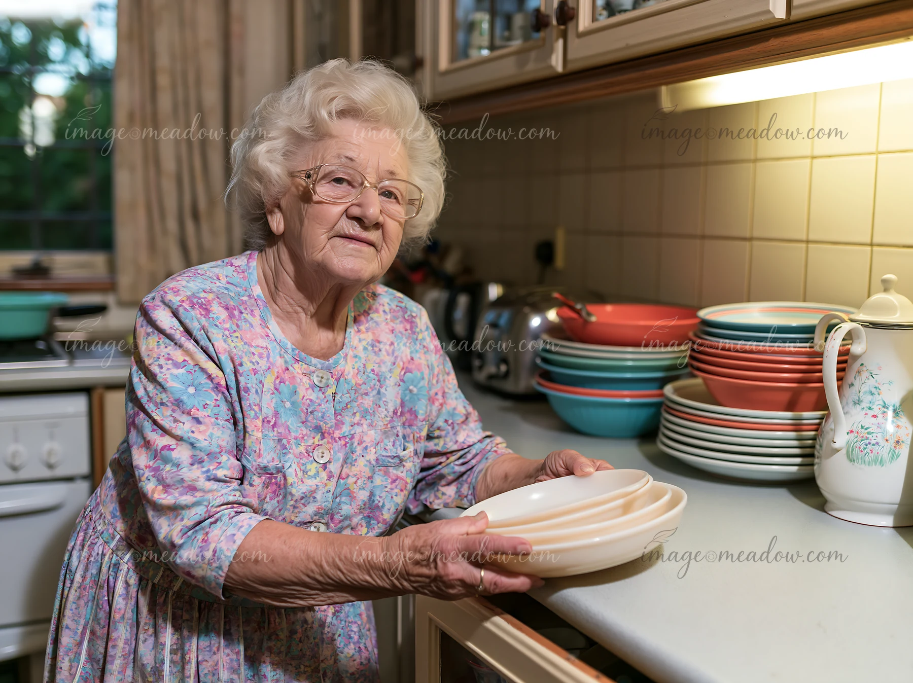 An elderly woman with dementia participating in daily activities is arranging dishes in a kitchen.