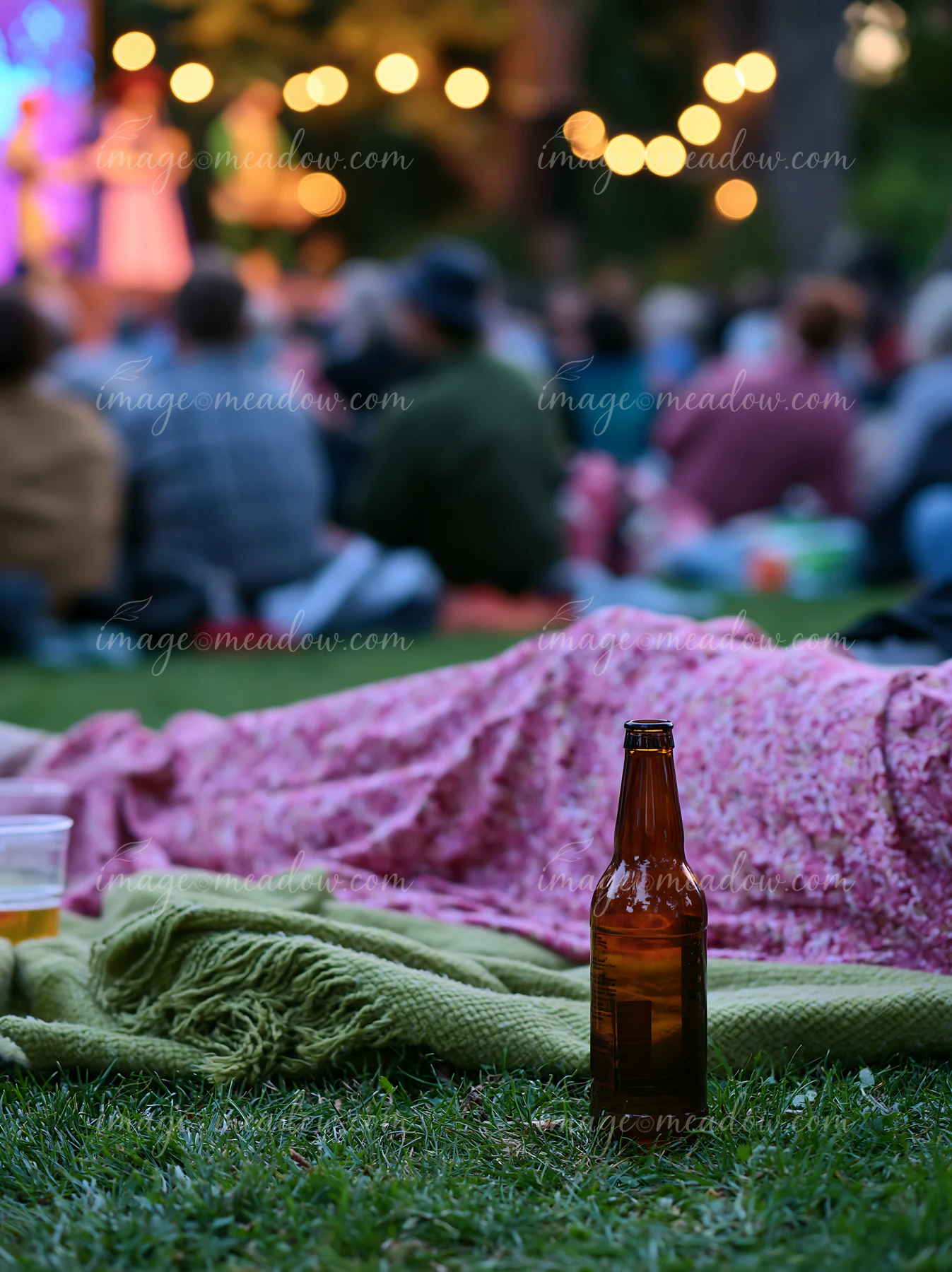 An empty bottle at an outdoor event rests on the grass near a blanket.