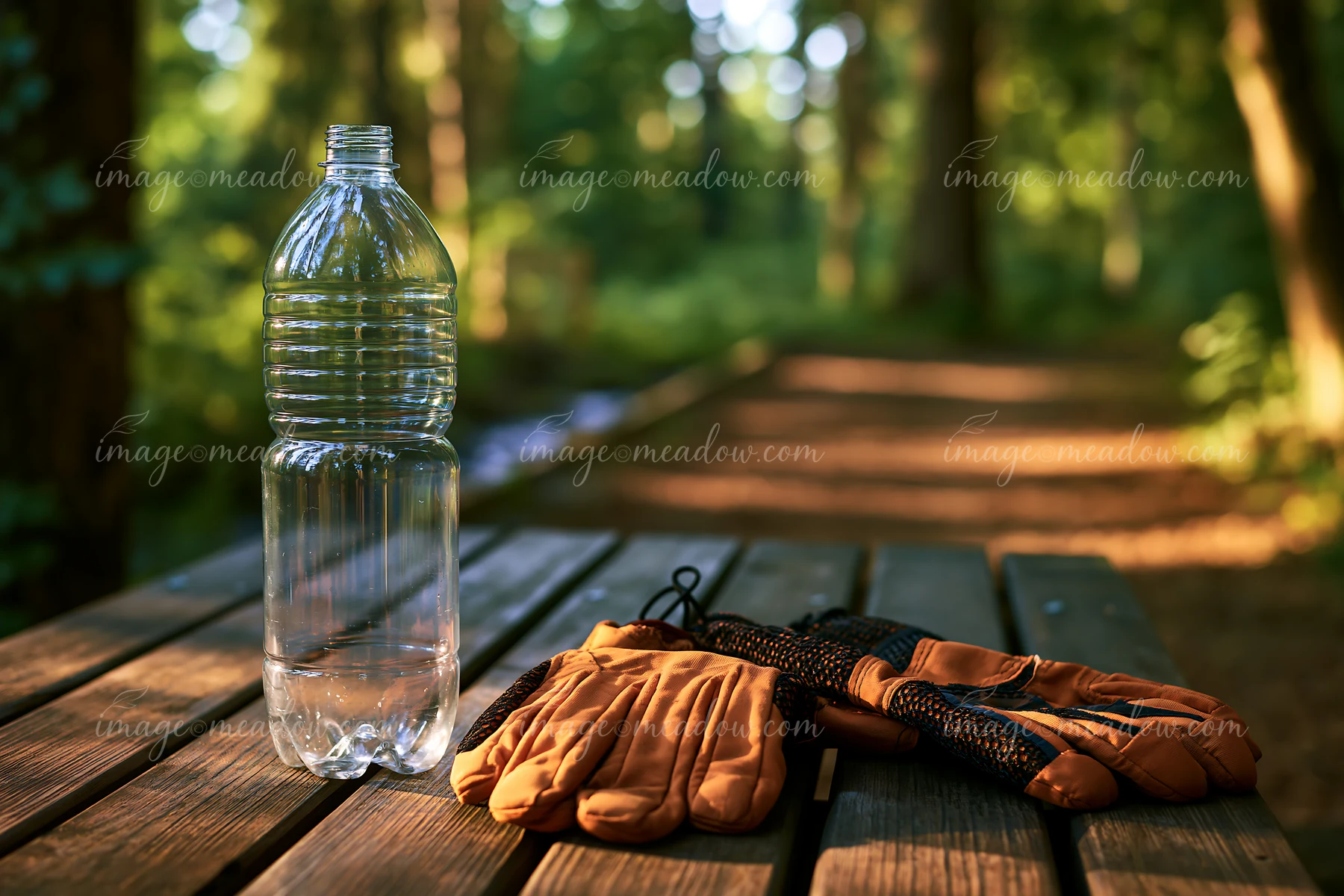 An empty bottle rests on a picnic table beside a pair of gloves in a wooded area.
