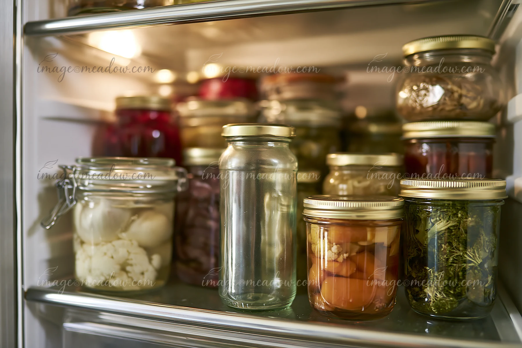 An empty bottle sits in a refrigerator surrounded by jars filled with various preserved foods.
