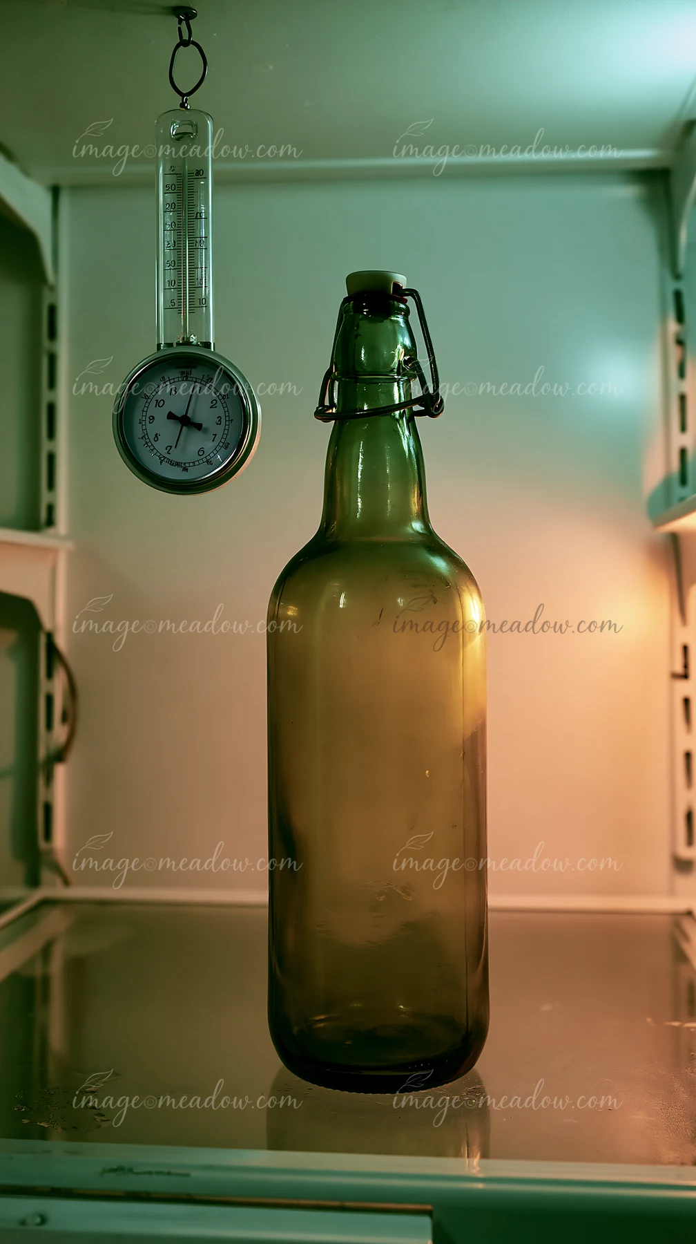 An empty bottle stands in a refrigerator, with a hanging thermometer beside it.