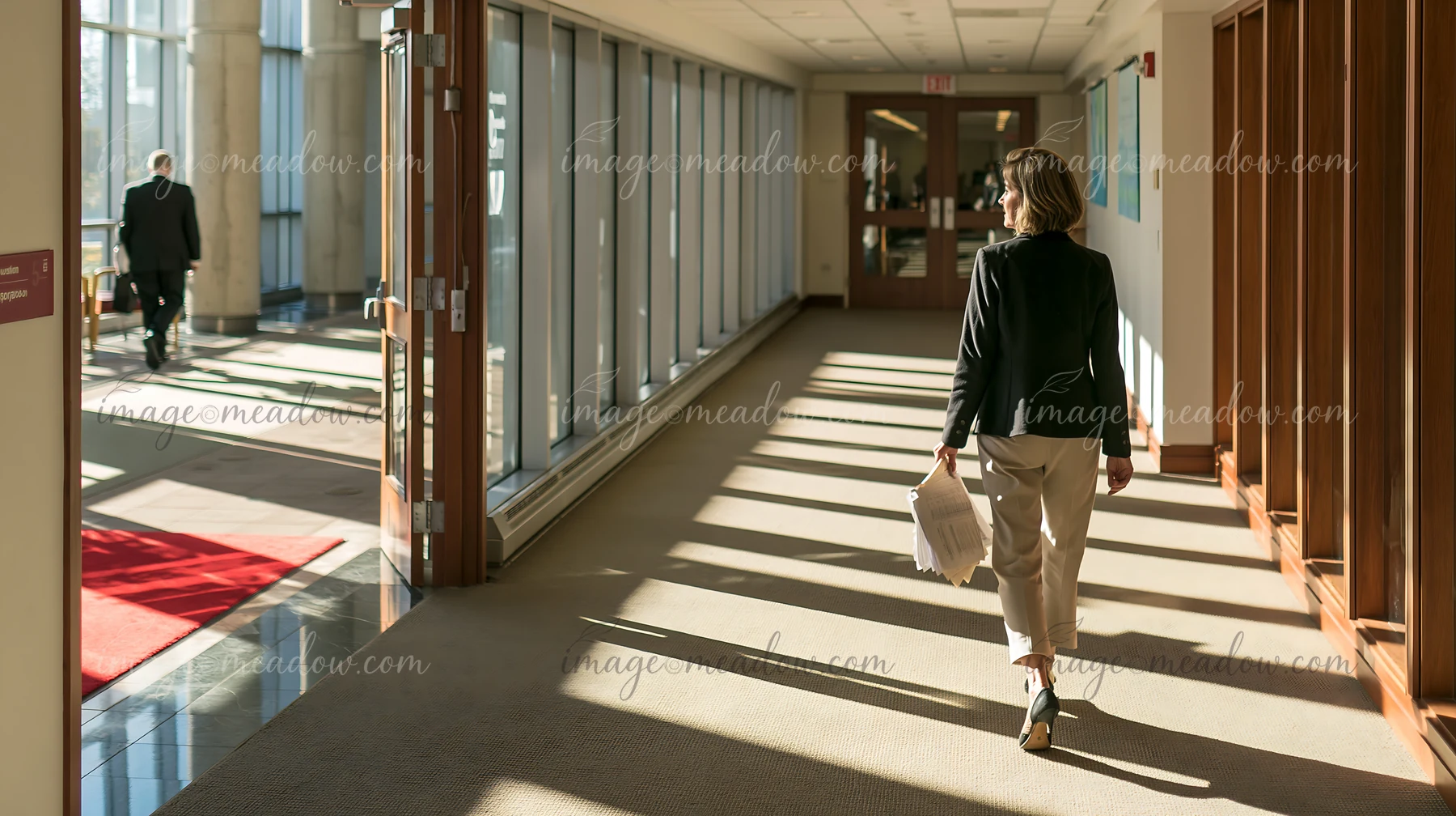 An executive woman walks through a well-lit office hallway holding work documents.