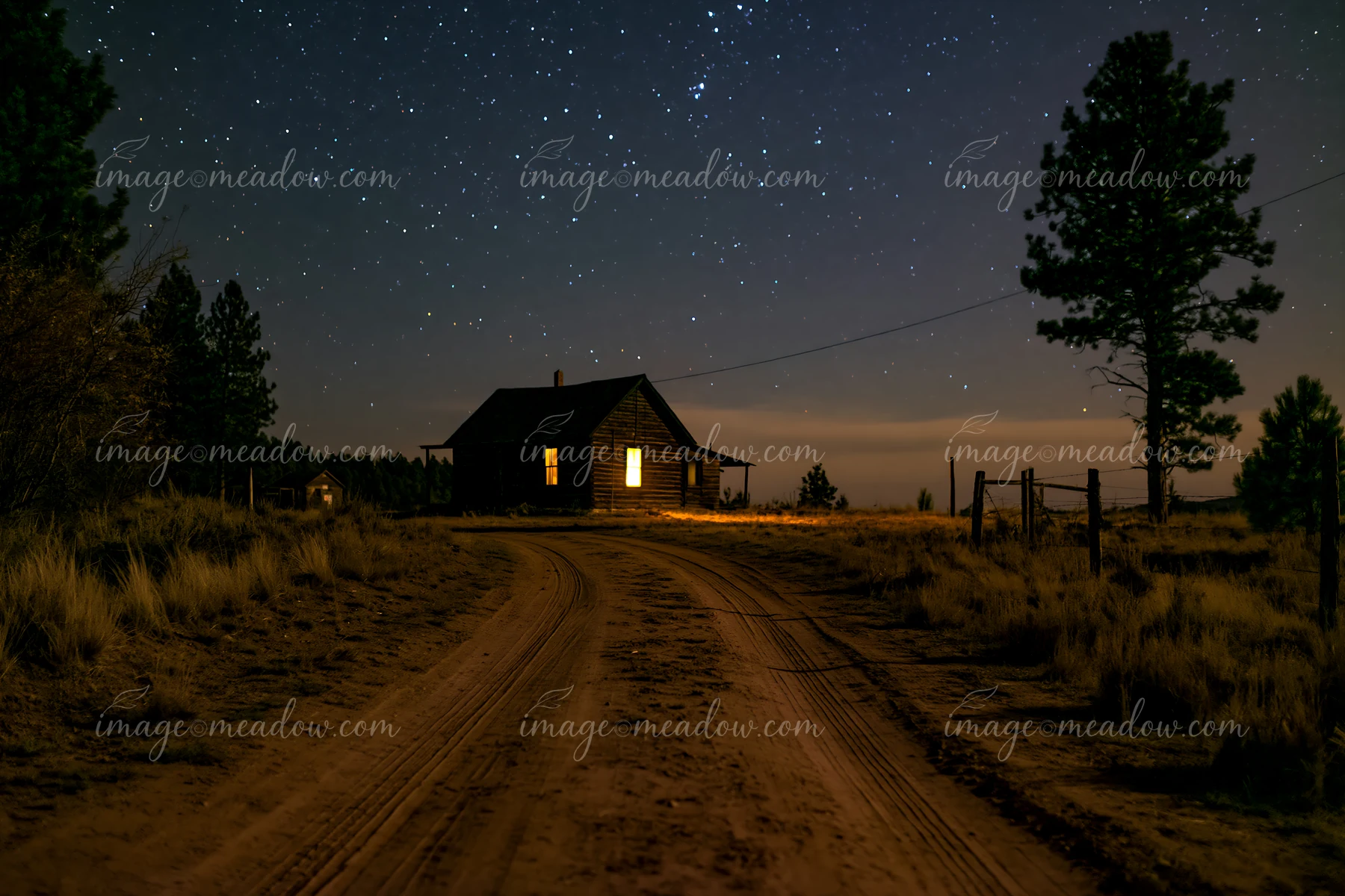 An isolated cabin sits on a dirt road surrounded by trees while a starry sky covers the night.