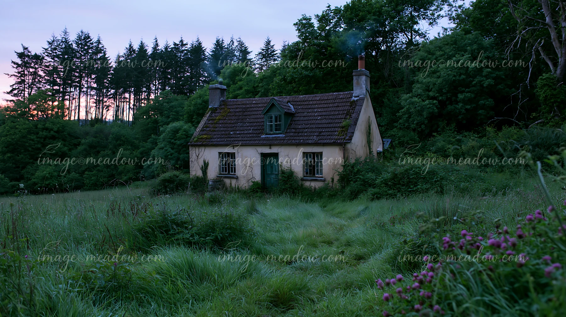 An old cottage with weathered facade sits in a grassy area, with trees in the background.