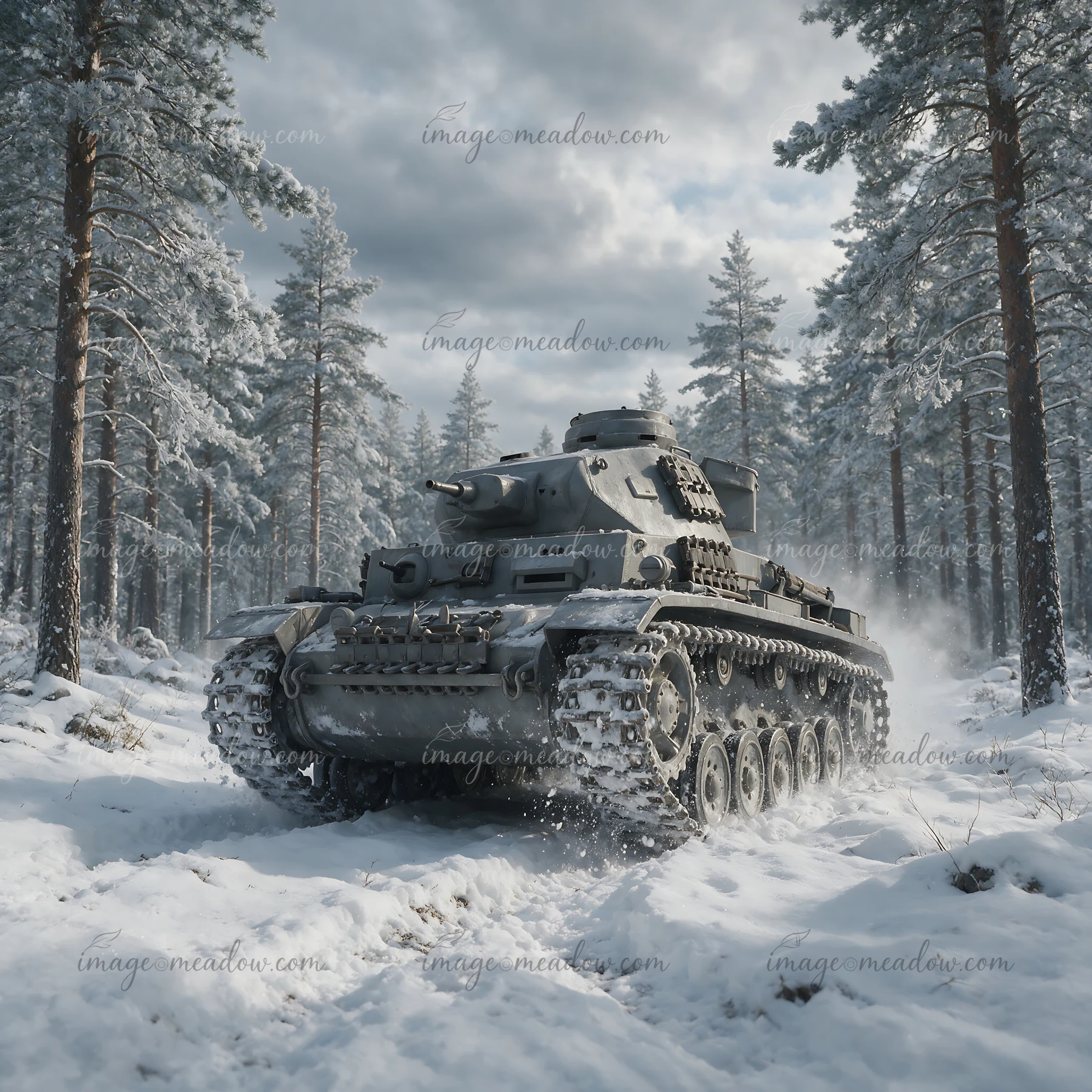 Armored tank drives through deep snow in a pine forest beneath a cloudy winter sky.