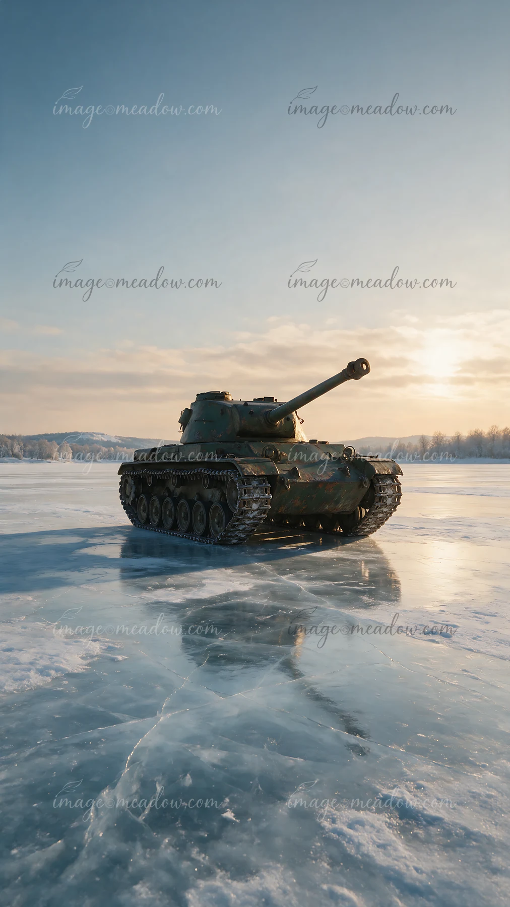 Armored tank stands on a frozen lake surrounded by snowy trees and hills under a pale winter sky.