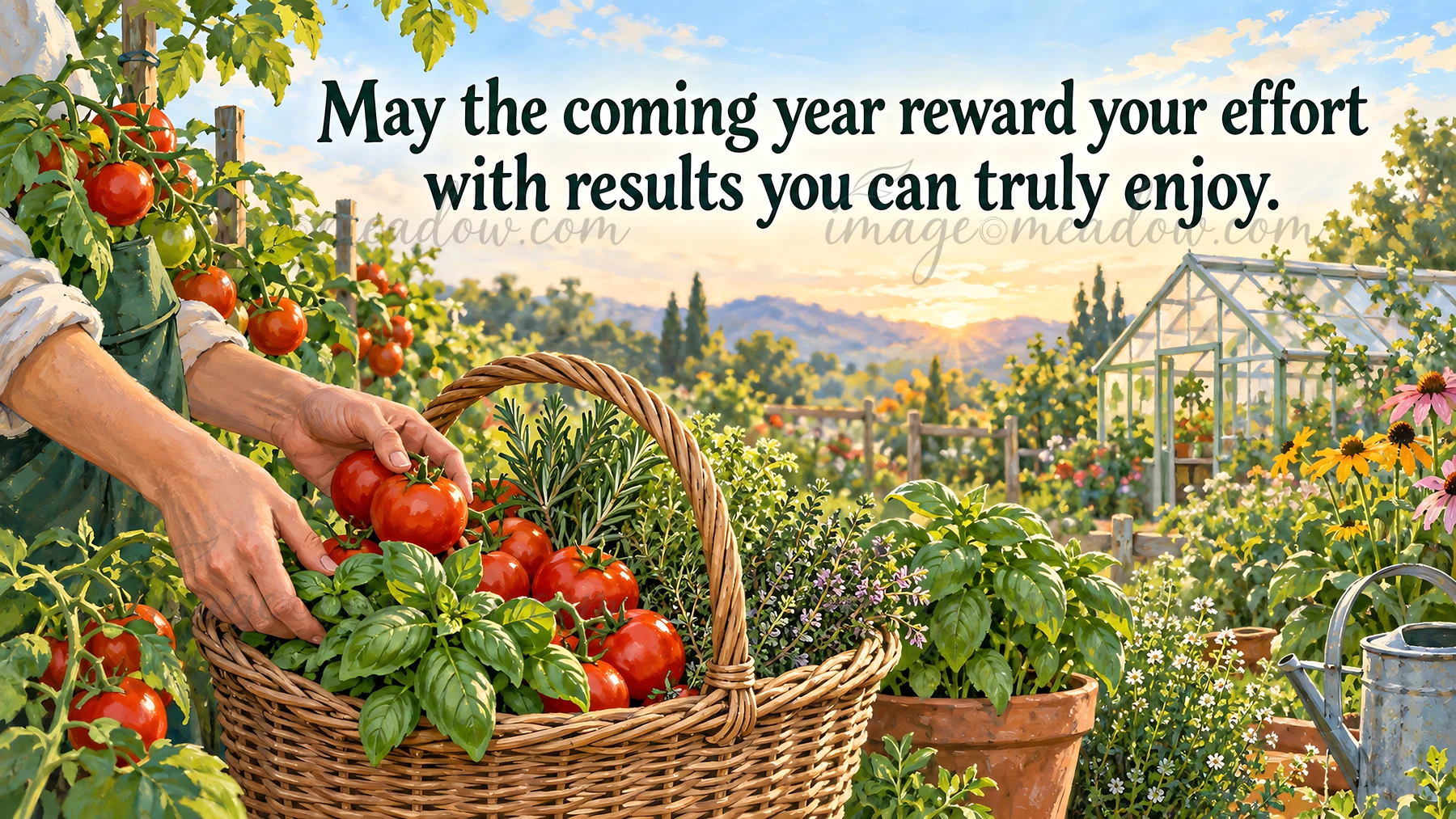 A painterly birthday greeting reads “May the coming year reward your effort with results you can truly enjoy.” Hands gather ripe tomatoes into a wicker basket a