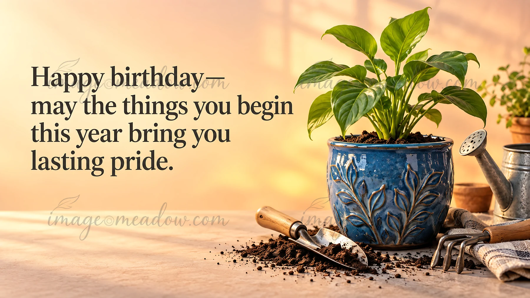 A leafy plant in a blue decorative pot, soil, and gardening tools accompany the message, “Happy birthday—may the things you begin this year bring you lasting pr