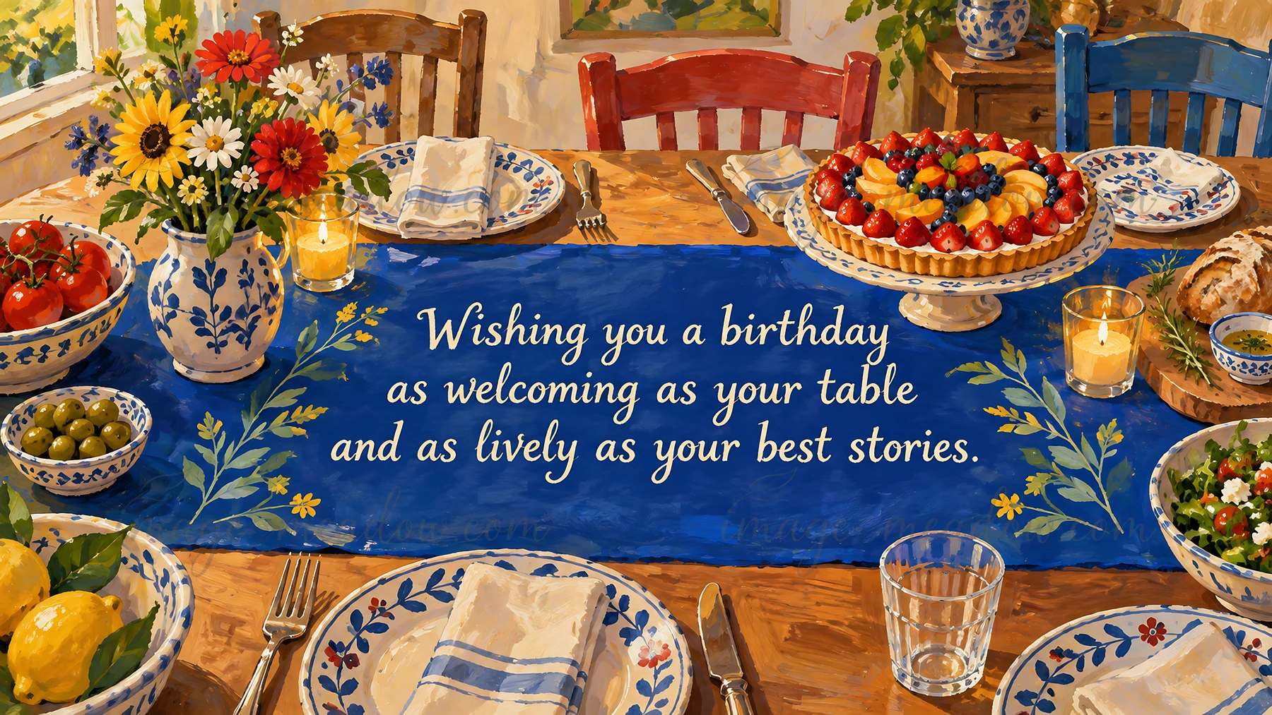Painterly birthday greeting with the message “Wishing you a birthday as welcoming as your table and as lively as your best stories” on a blue tablecloth surroun