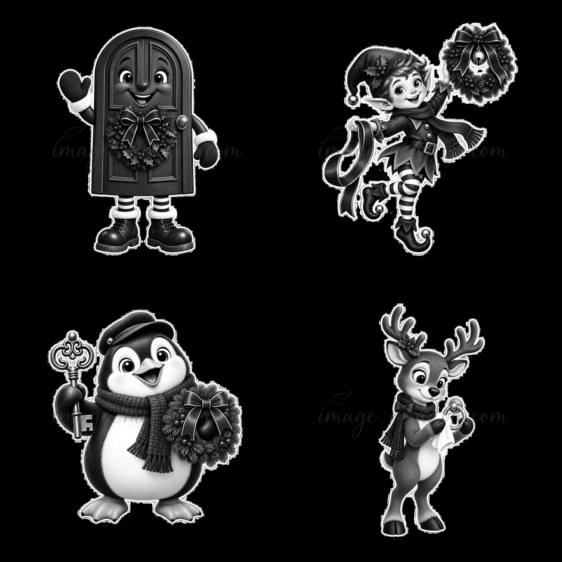 Four cartoon characters feature a door, a penguin holding a key and wreath, an elf with a wreath, and a reindeer holding a bell. These characters celebrate Chri
