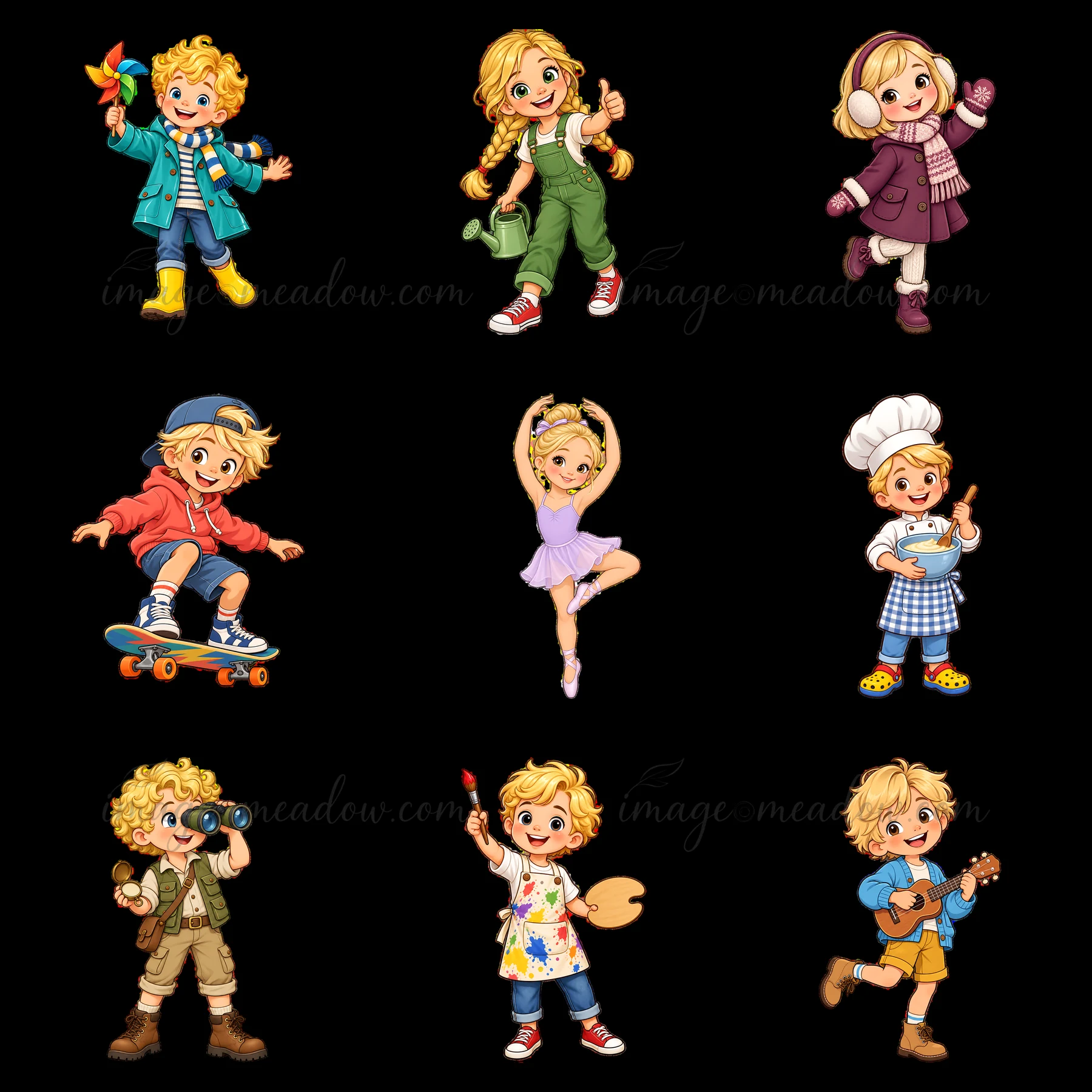 Nine cartoon stickers show a blond child in different outfits and fun activities. The child is playing with a pinwheel, riding a skateboard, dancing, cooking, a