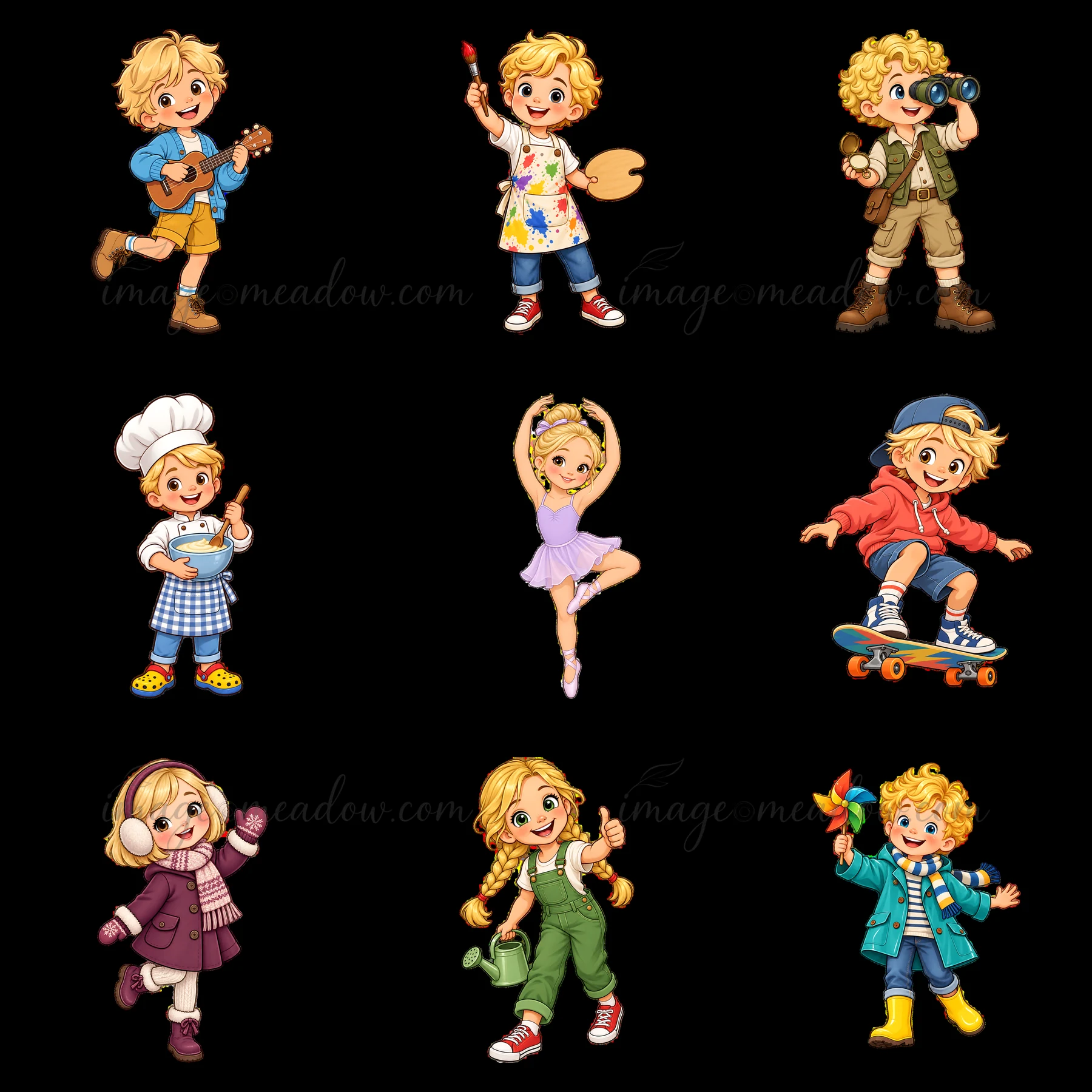 Nine cartoon stickers feature blond children. Activities include playing guitar, painting, exploring with binoculars, cooking, dancing, skateboarding, and more.