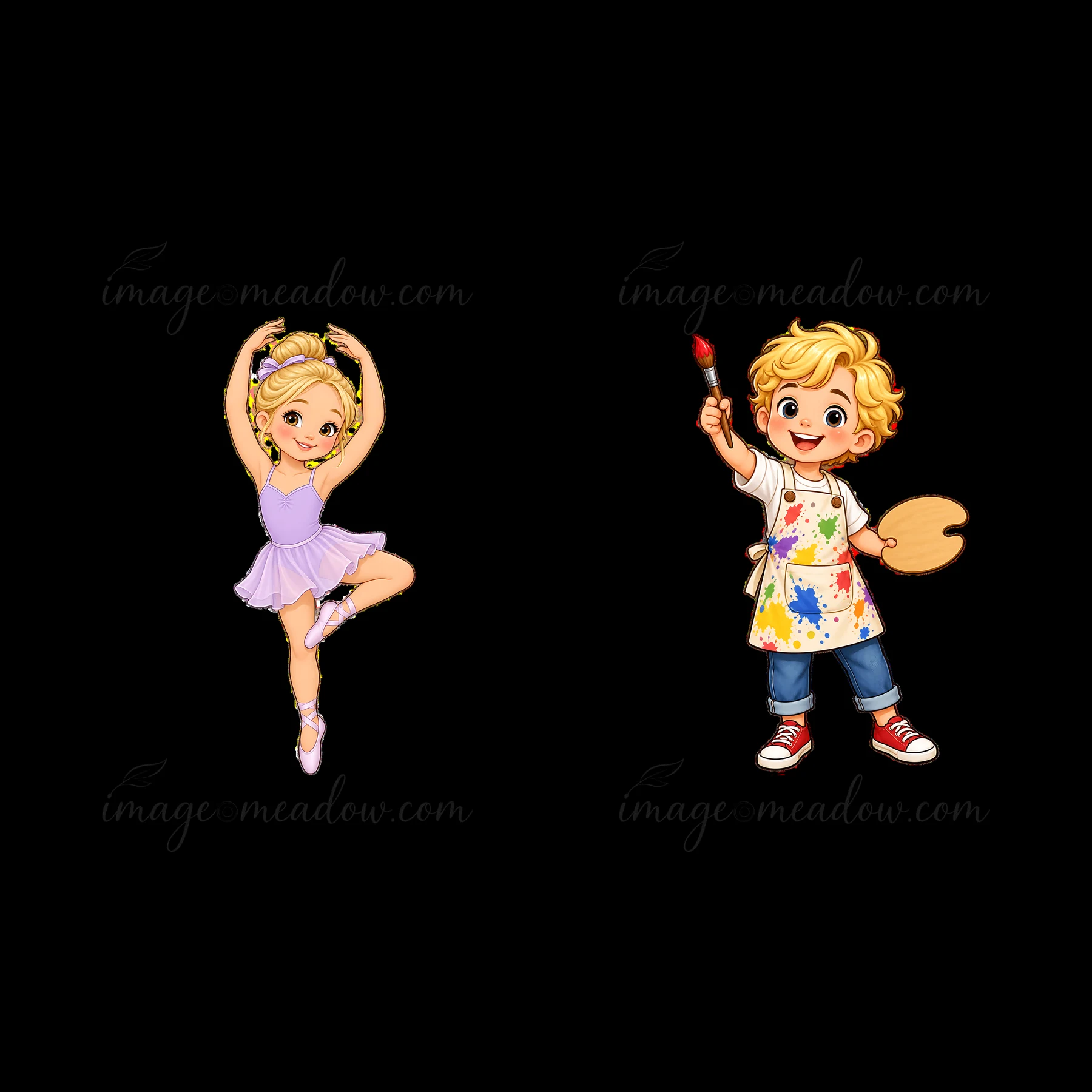 A blond girl in a pink ballet outfit dances gracefully on the left. A blond boy holds a paintbrush and a palette filled with colors on the right. Both character