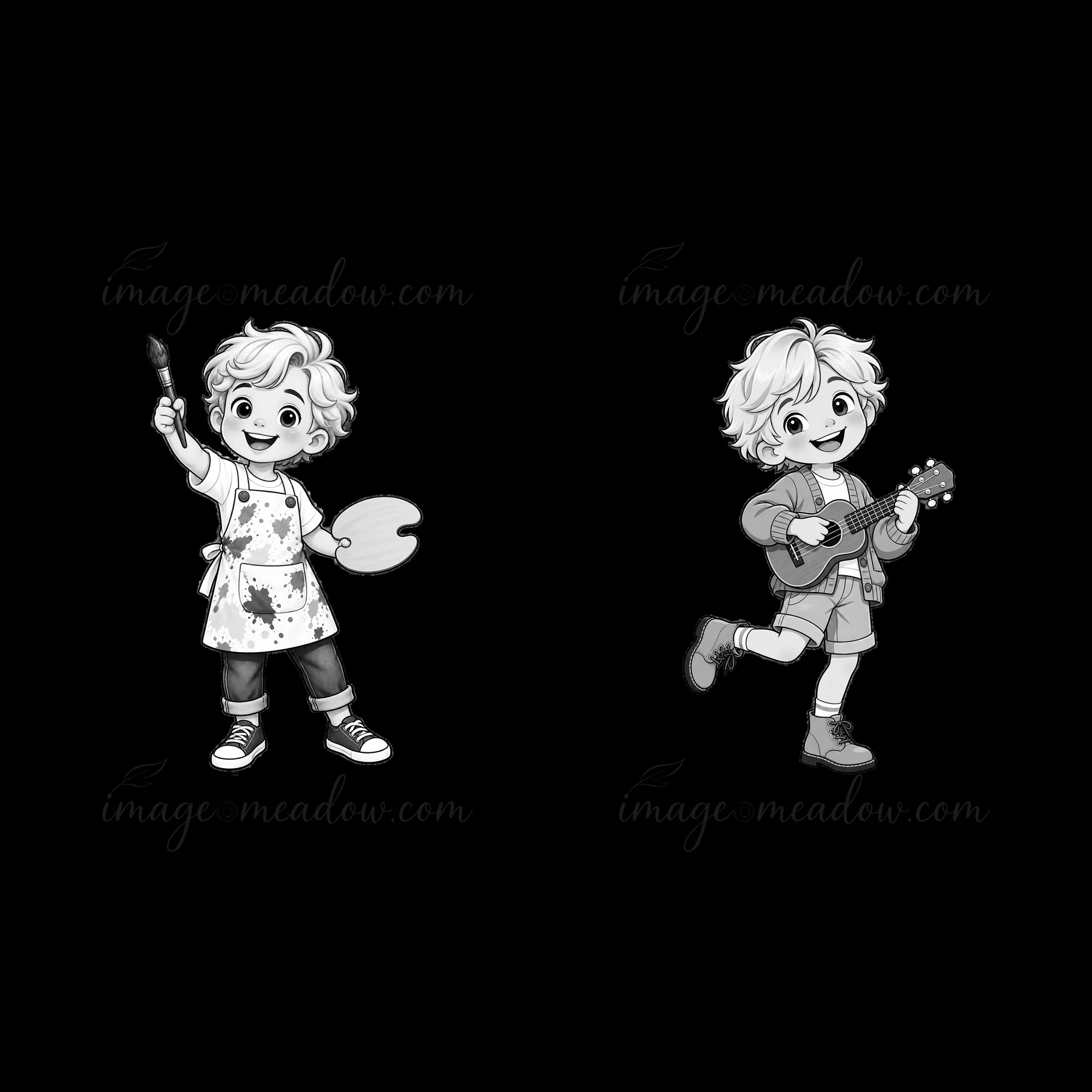 A blond child is holding a paintbrush and palette in one hand while smiling cheerfully. Another child with a guitar stands next to him, both depicted in a fun,