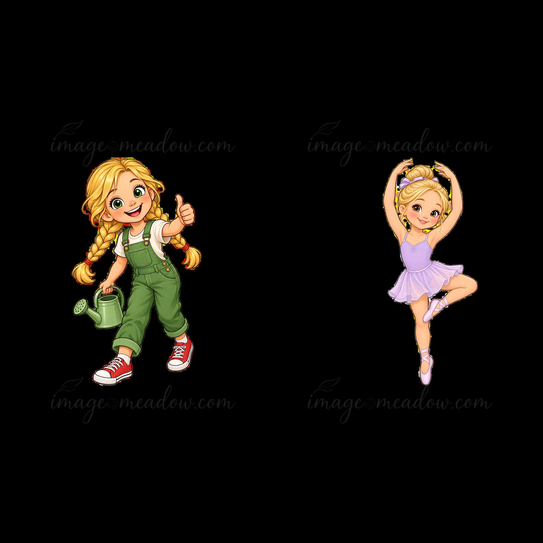 A blond child in green overalls waters plants with a watering can. Next to her, another blond child in a pink ballet tutu dances gracefully. Both characters are