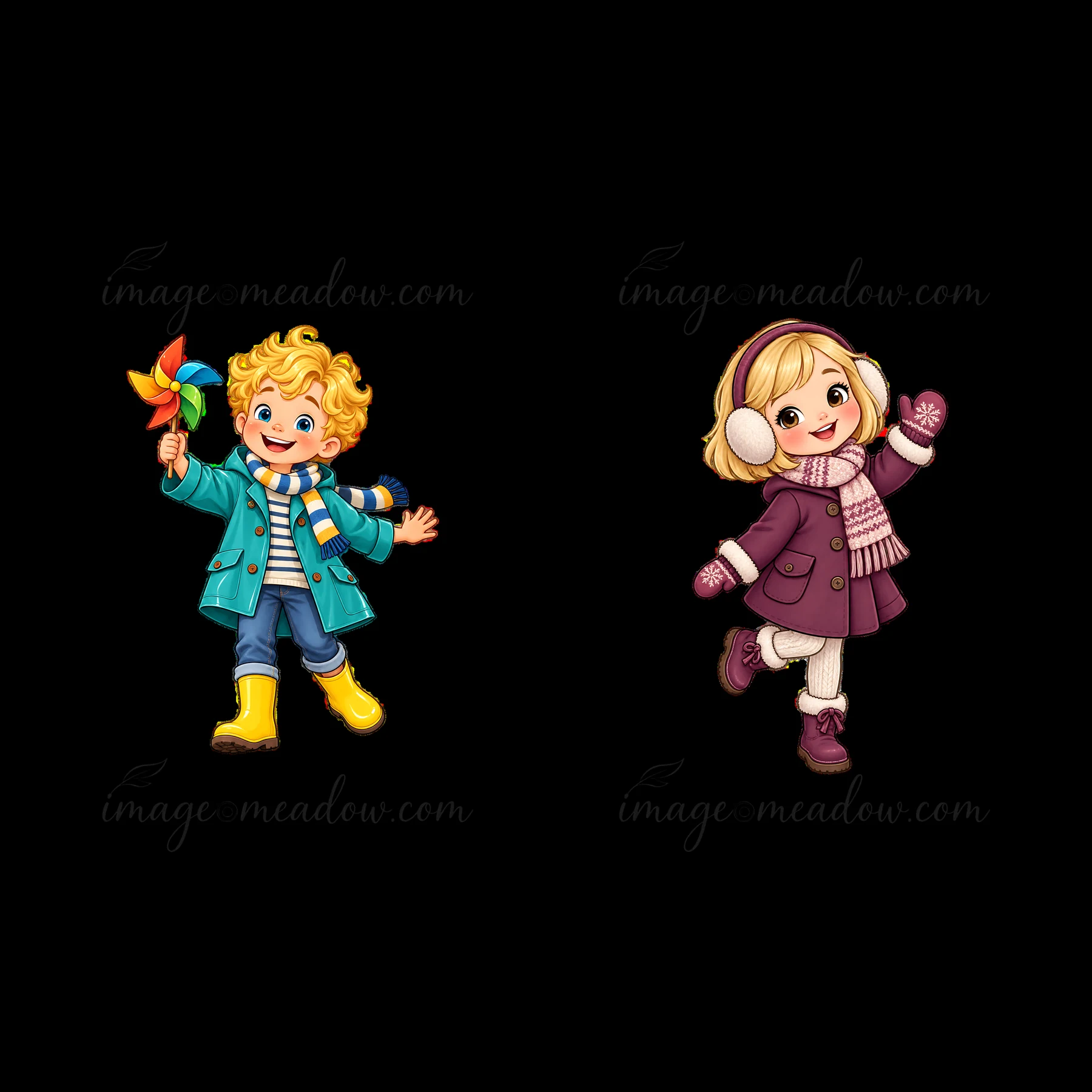 A blond boy holds a colorful pinwheel while wearing a blue jacket and yellow boots. A girl in purple coat and earmuffs plays next to him. They are both joyful a