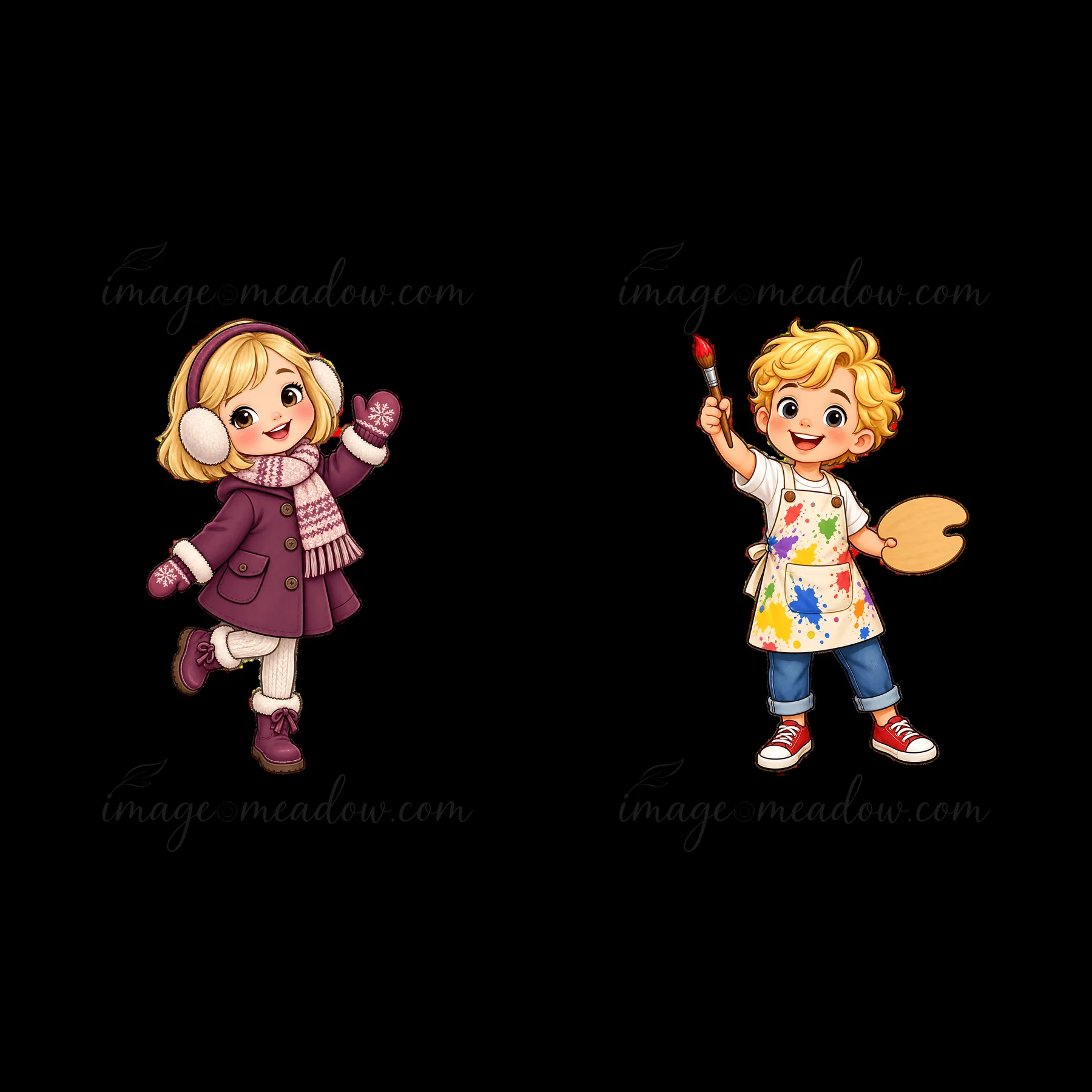 A girl wearing earmuffs and mittens plays joyfully in the snow. A boy holds a paintbrush and palette, smiling brightly. Both wear colorful winter clothing, crea