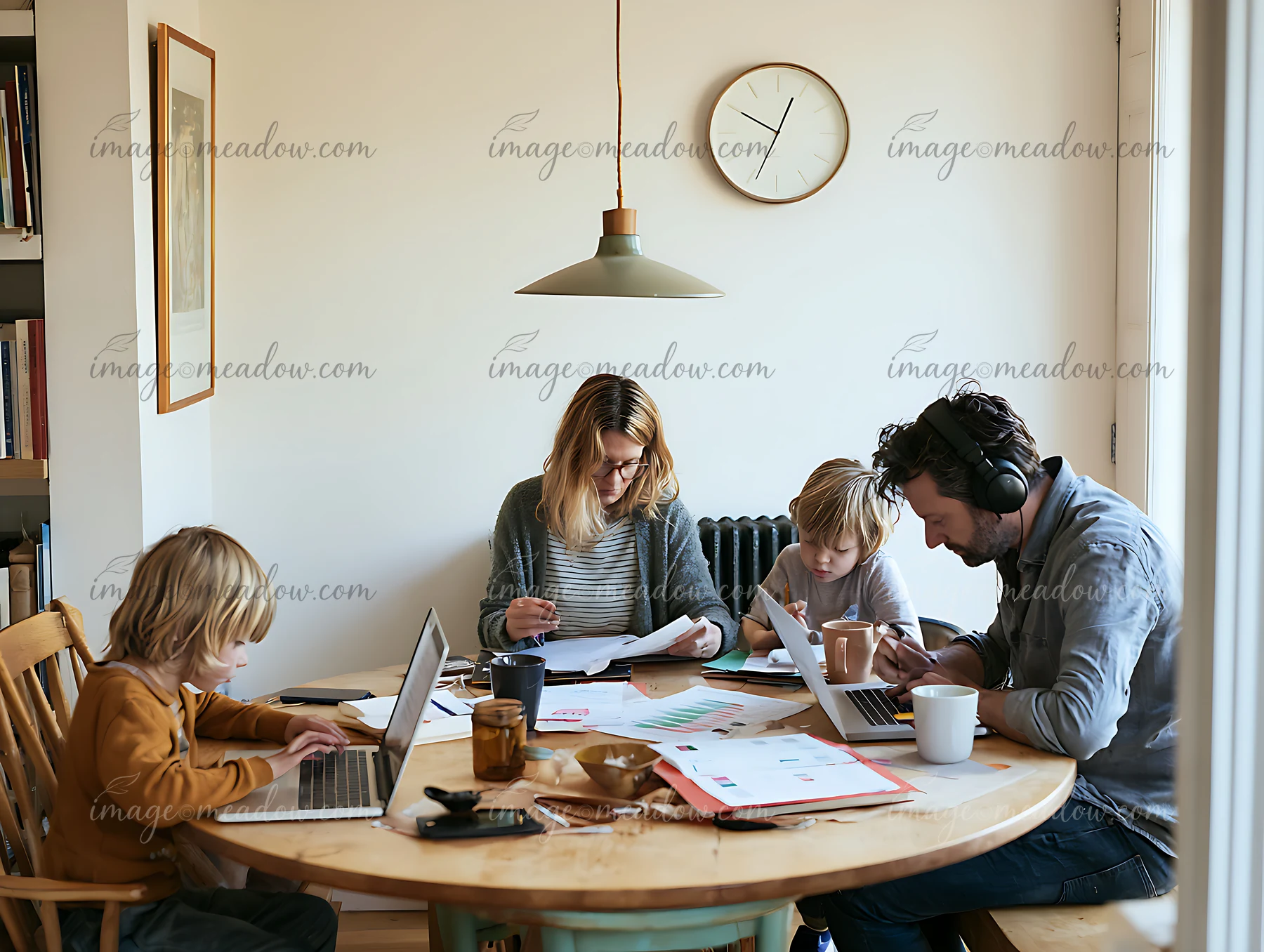 Blonde parents work on laptops while two children study at a dining table in a bright home.