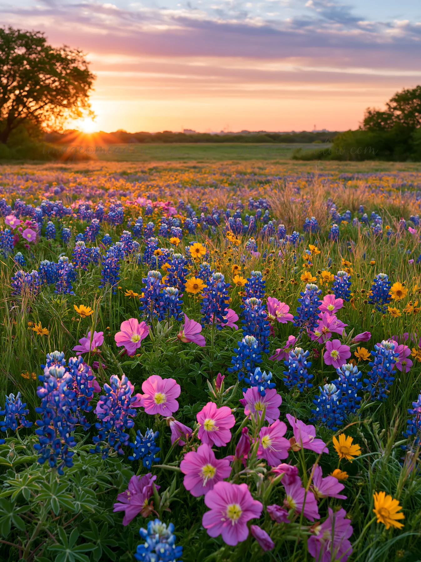 A field of bluebonnets and various wildflowers fills the landscape at sunrise. The sun rises in the background, casting light on the vibrant colors of the flowe