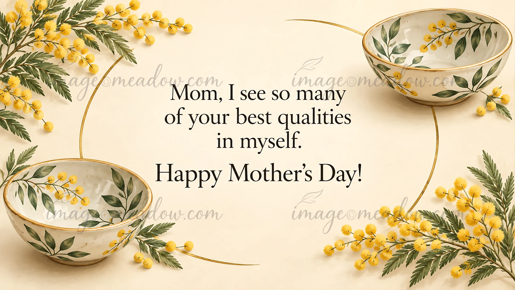 A cream greeting card features a centered Mother's Day message, yellow flowering branches, green foliage, two botanical ceramic bowls, and a thin curved gold li