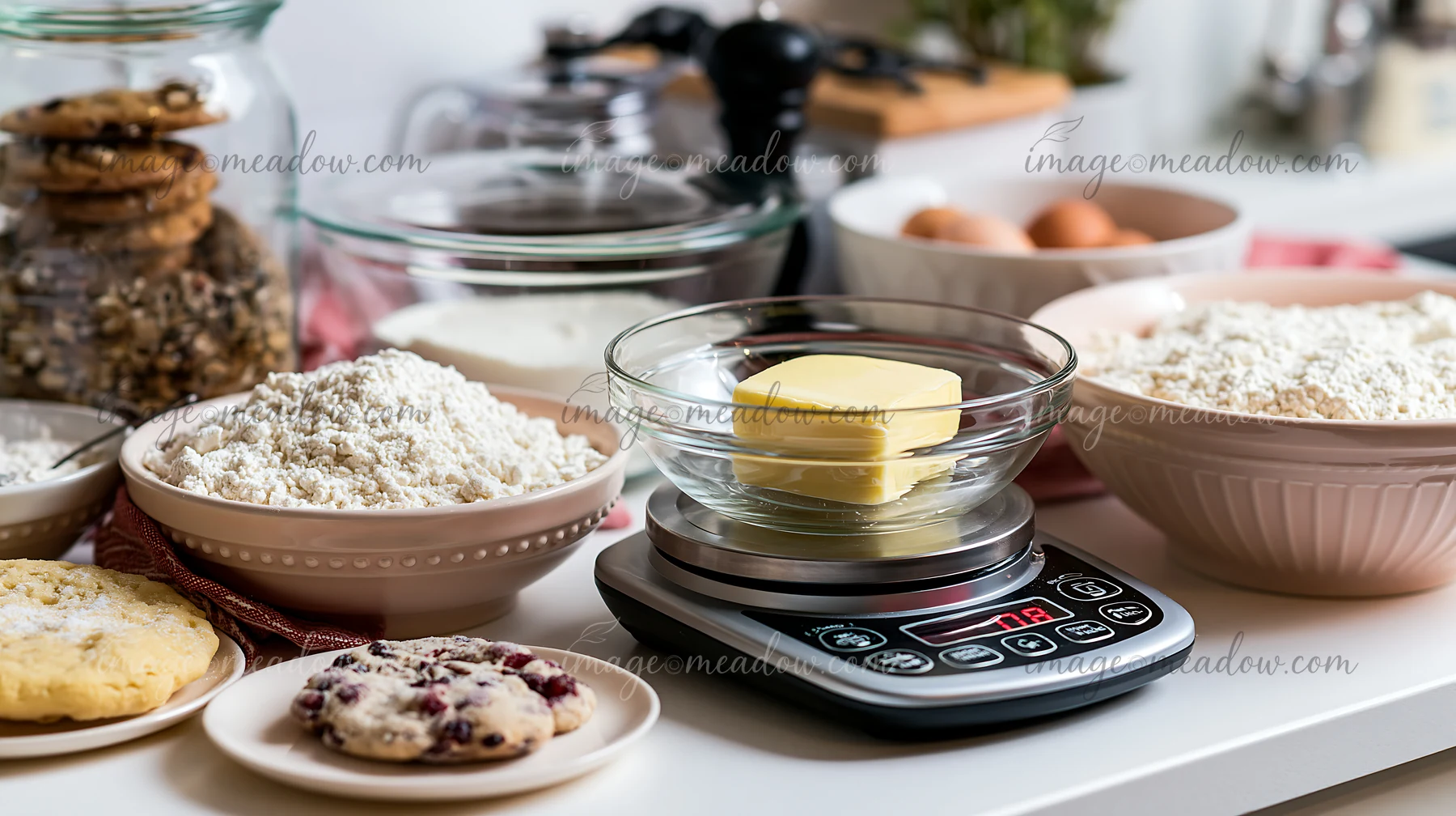 Bowls of flour, butter, eggs, and cookies arranged with a digital scale on a kitchen counter.