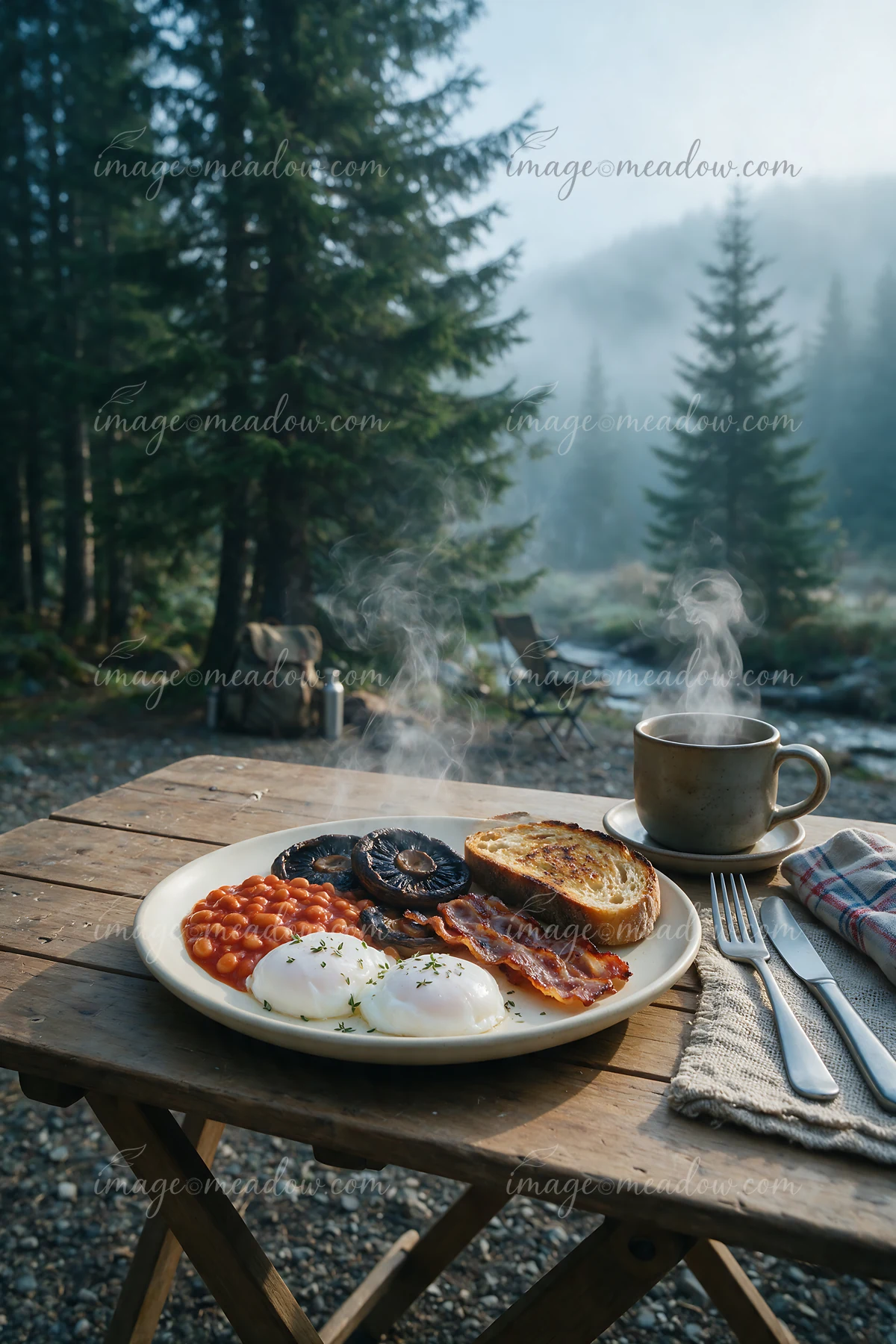 Breakfast plate with poached eggs, bacon, beans, mushrooms, and toast on a picnic table in a misty forest.