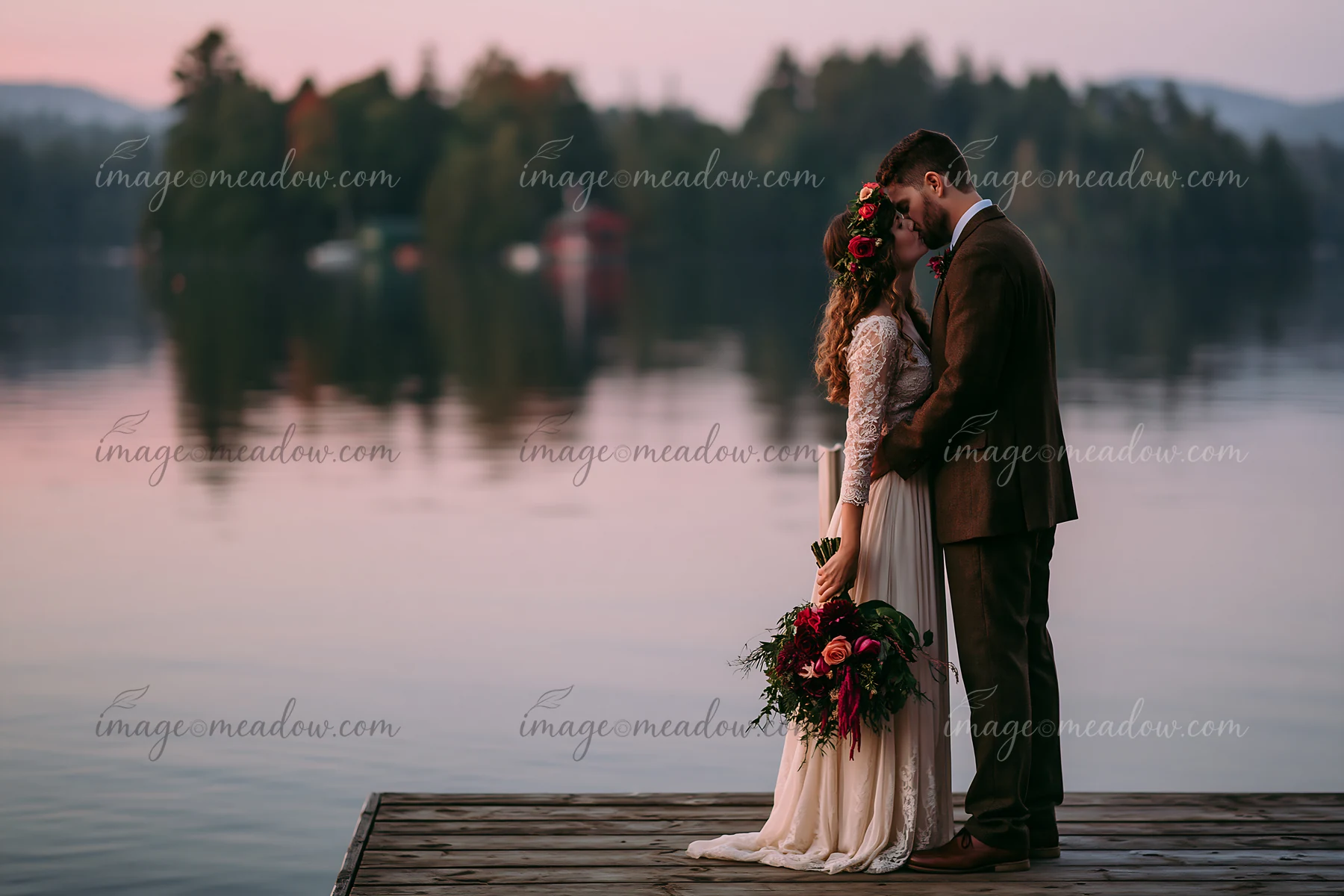 Bride and groom kiss on a wooden dock in front of a lake at sunset.