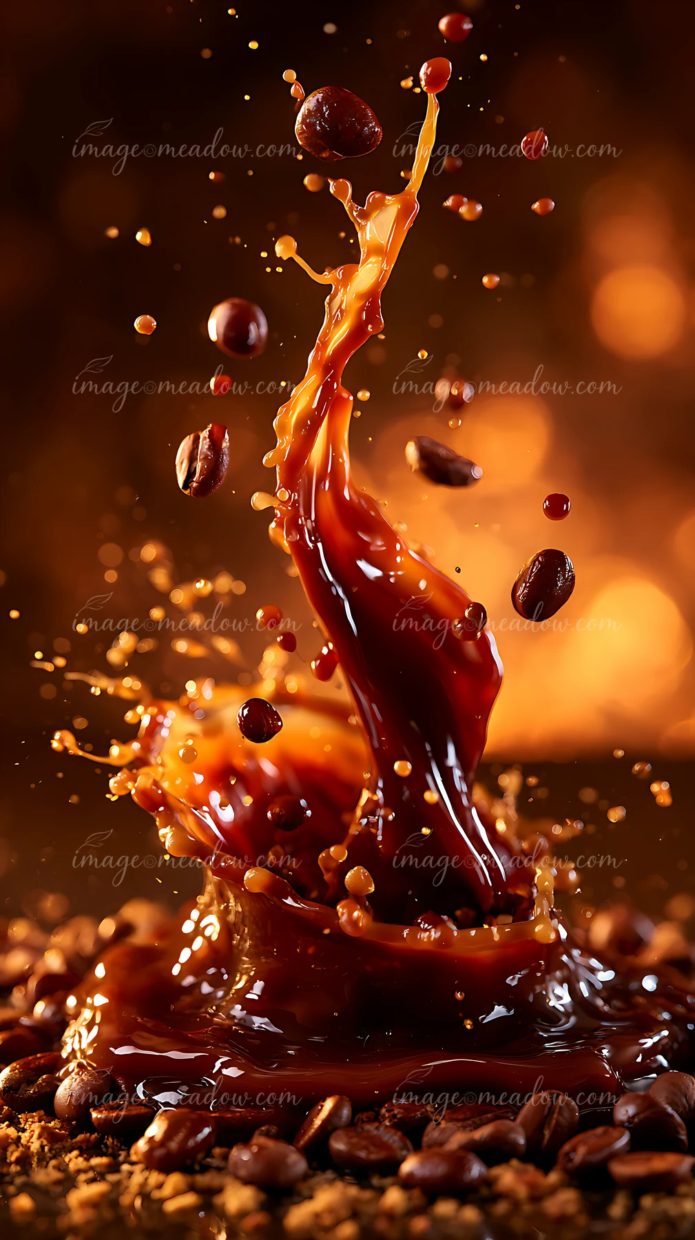 Brown coffee liquid splashes upward among scattered coffee beans against a dark background, creating dynamic movement and energy in the scene.
