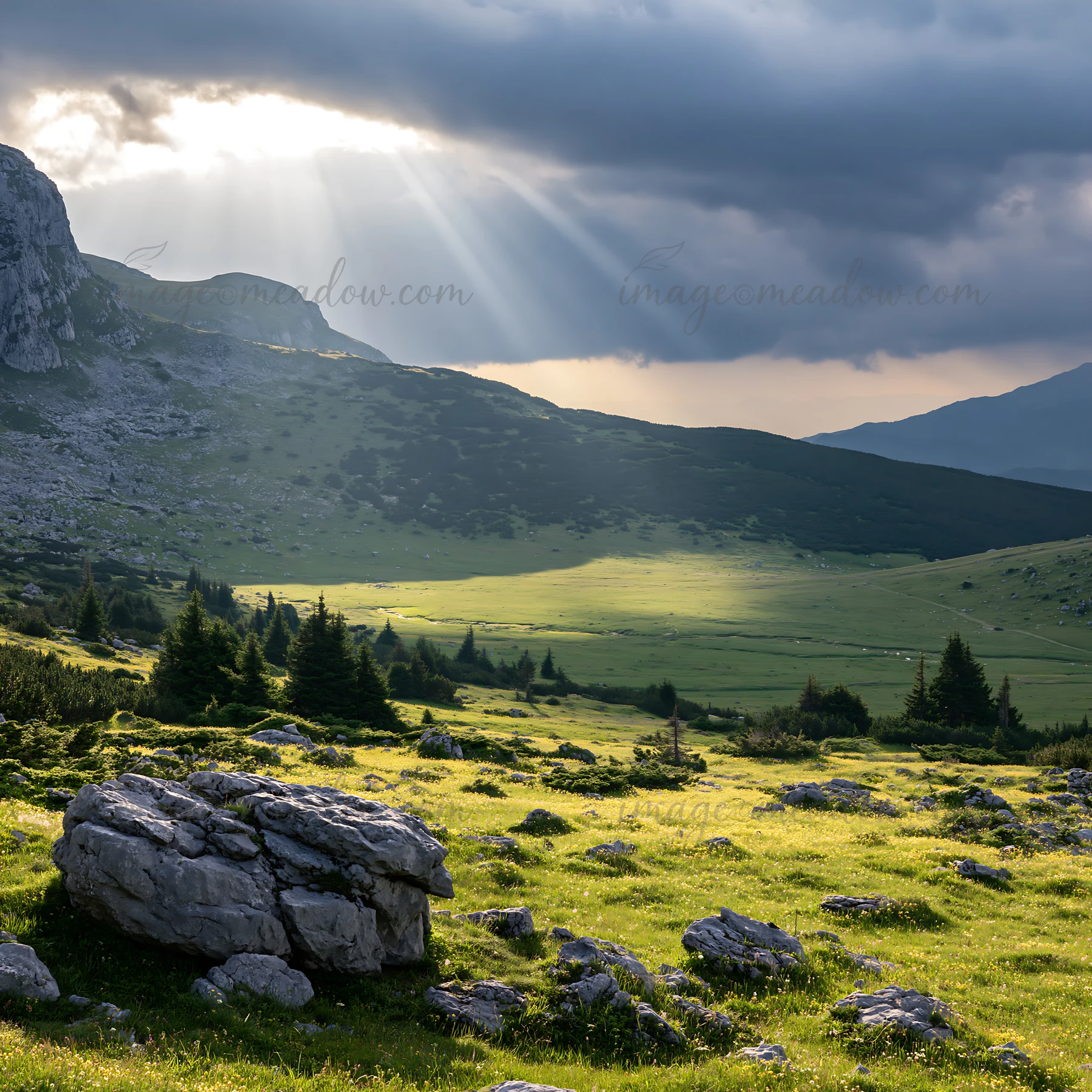 Light rays shine through clouds over a green meadow in the Bucegi Mountains. Rocky formations and trees are visible in the landscape, creating a natural setting