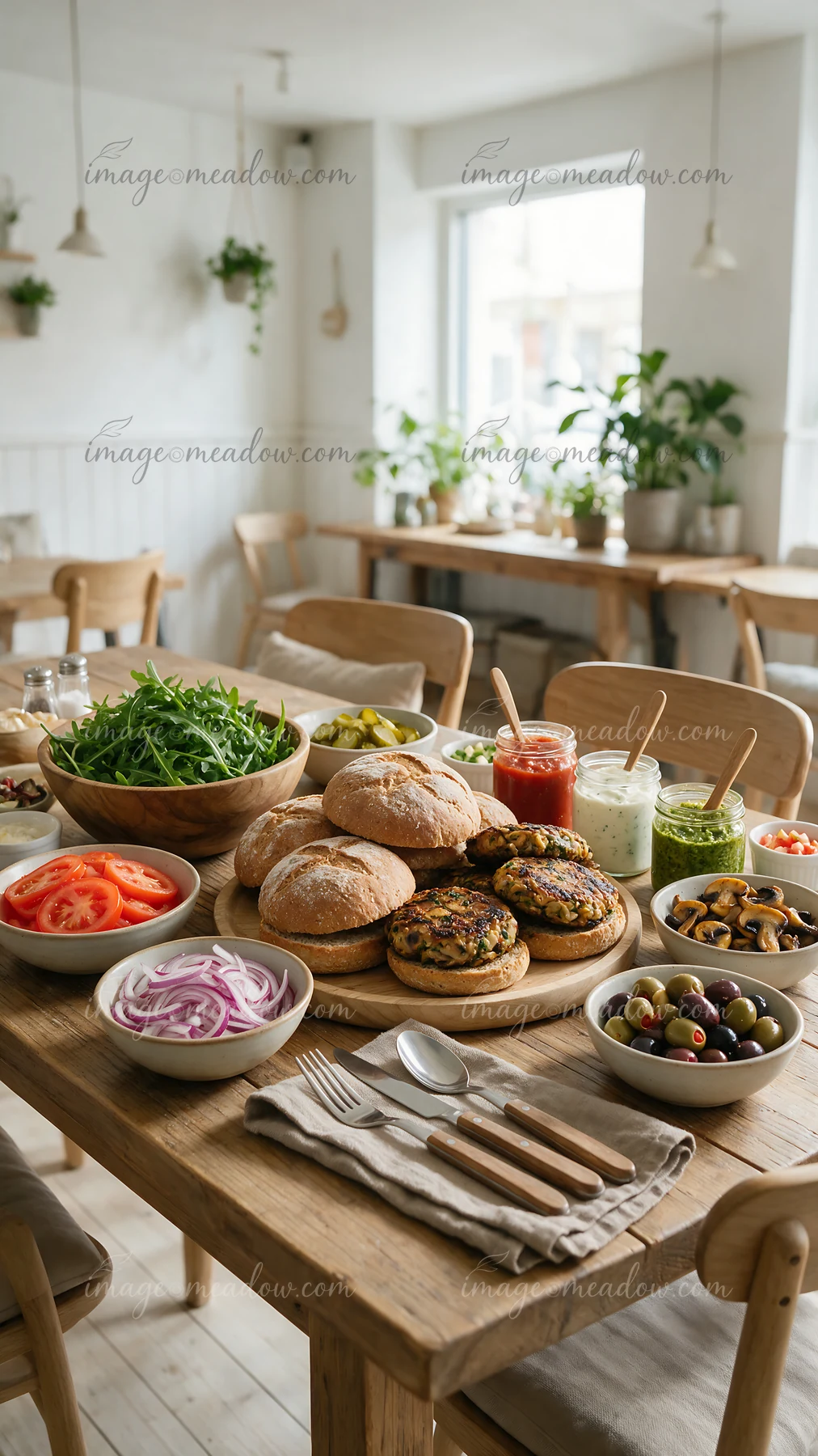 Burger buffet setup with buns, vegetable patties, sauces, and fresh toppings on a wooden dining table.