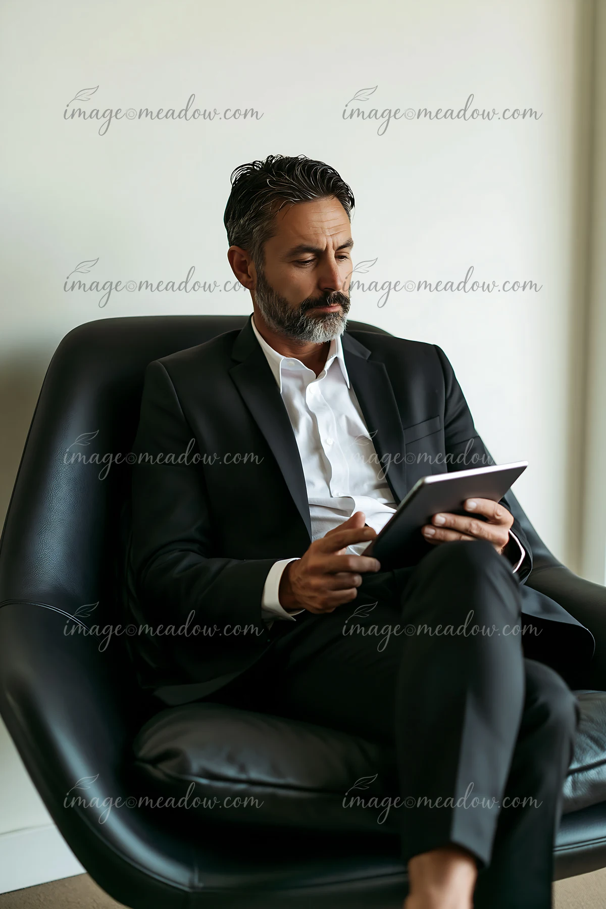 Businessman in a suit sits alone in a leather chair, looking at a tablet in a bright minimalist office.