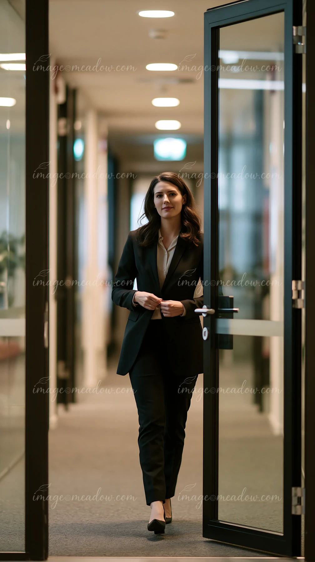 Businesswoman in a dark suit walks through a glass door in a contemporary office hallway.