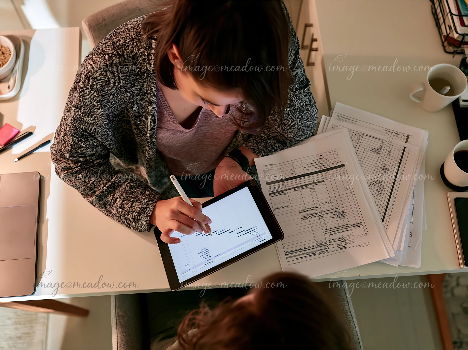 Businesswoman reviews printed schedules and marks a tablet with a stylus at a desk.