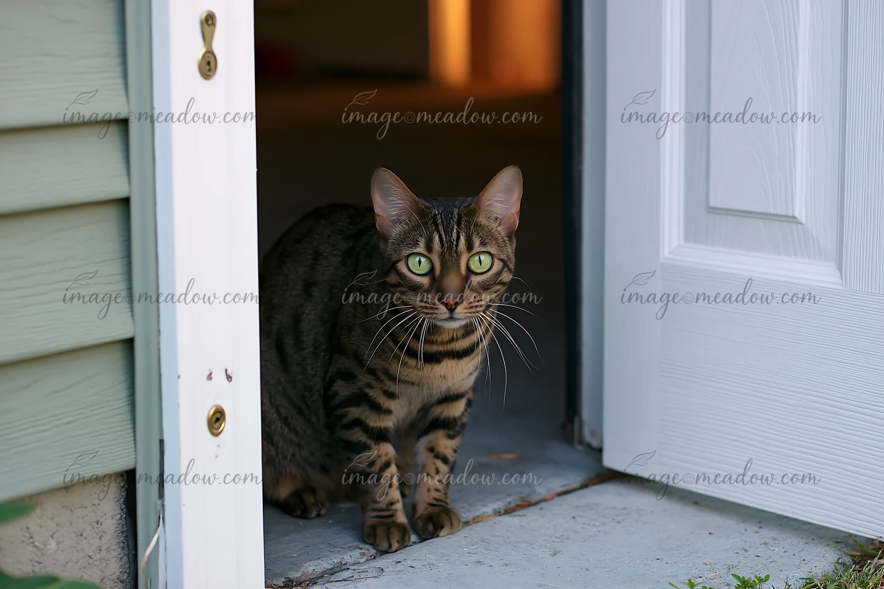 California Spangled cat with green eyes stands in an open exterior doorway facing the camera.