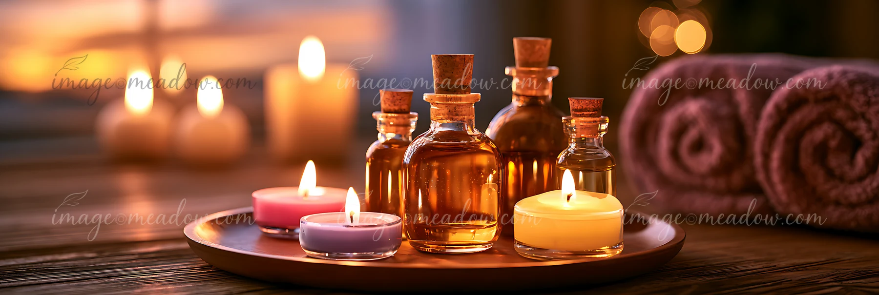 Candles and small glass bottles filled with essential oils sit on a wooden plate in a cozy indoor setting, creating a warm atmosphere perfect for relaxation.