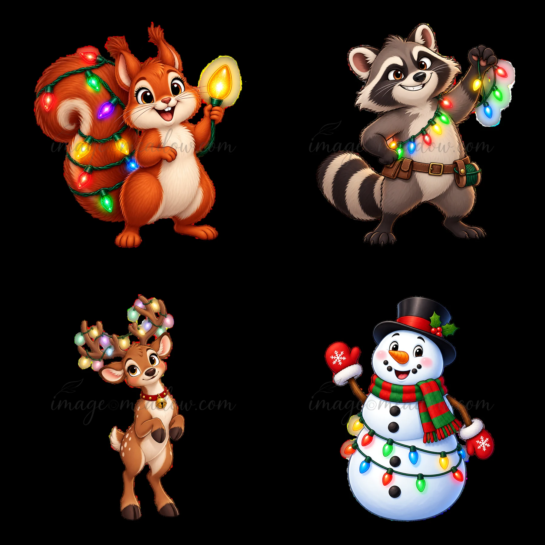 A squirrel, raccoon, reindeer, and snowman are adorned with colorful string lights. The characters are cheerful and display a festive spirit, making them ideal